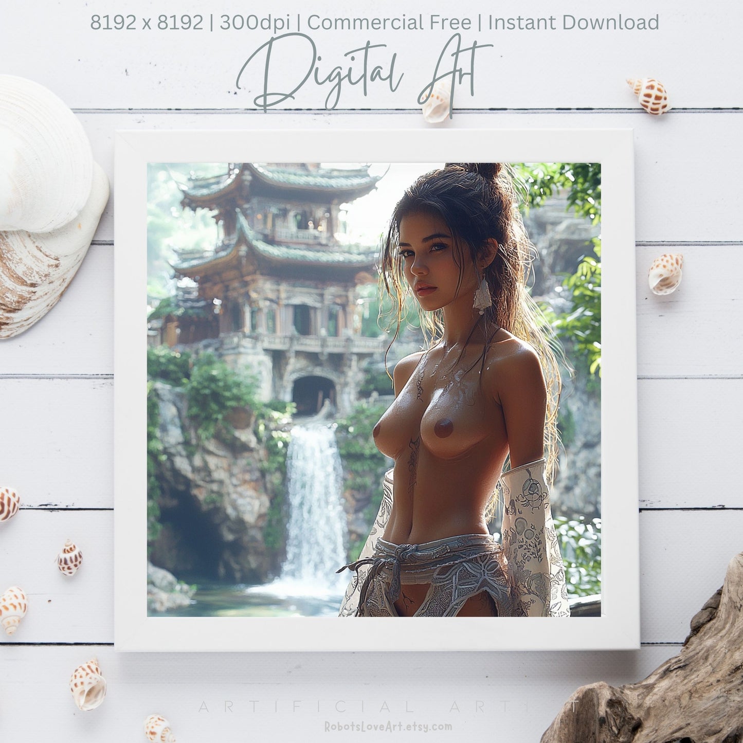 Beautiful Oriental Dwelling w Hot Topless Babe | Instant Download | Sexy Digital AI Art