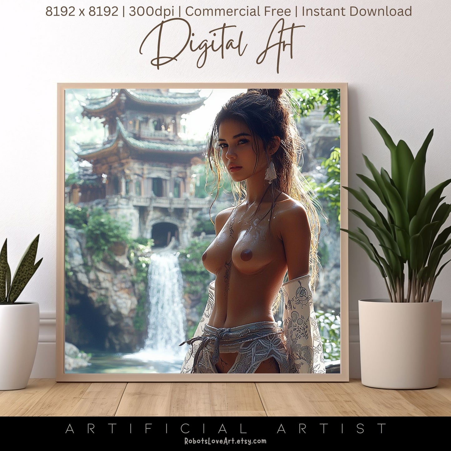 Beautiful Oriental Dwelling w Hot Topless Babe | Instant Download | Sexy Digital AI Art