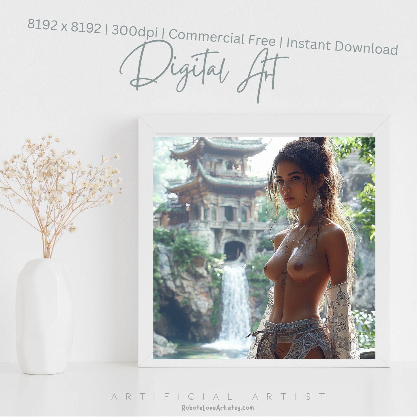 Beautiful Oriental Dwelling w Hot Topless Babe | Instant Download | Sexy Digital AI Art