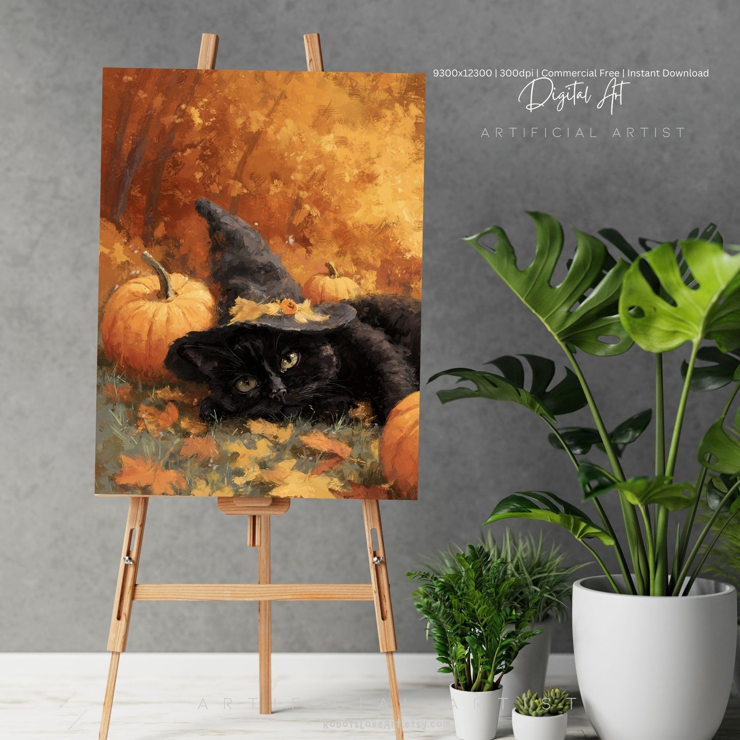 Black Halloween Witch’s Cat | Instant Download | Digital AI Art | Halloween Wall Art | Fall Decor