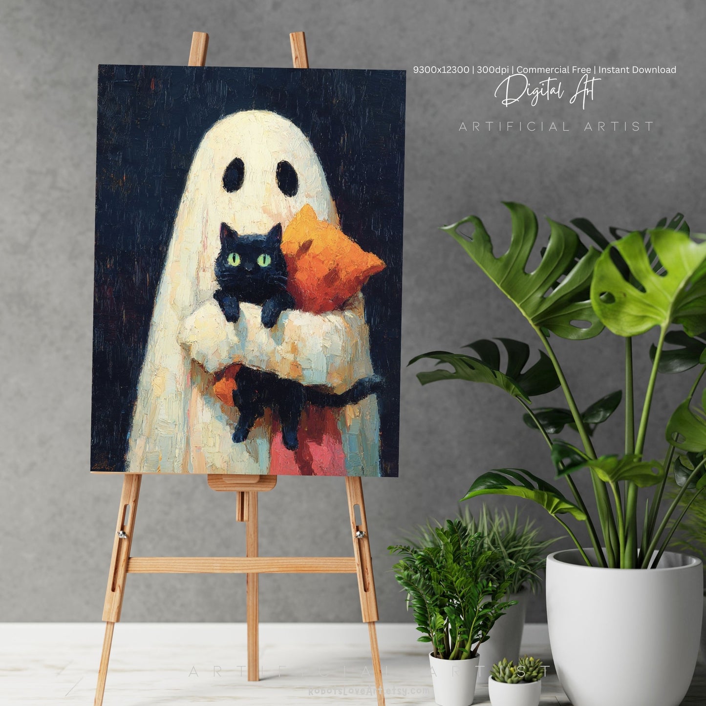 Ghost Cat | Instant Download | Digital AI Art | Halloween Wall Art | Cute Halloween