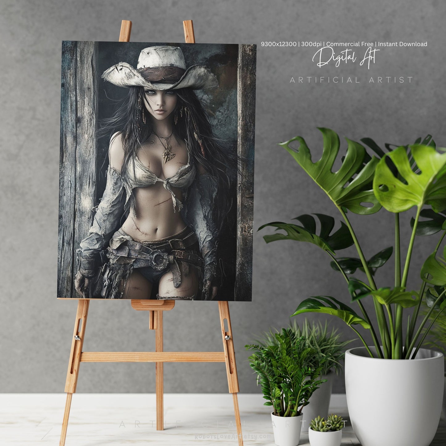 Ready to Draw Girl | Instant Download | Fantasy Digital AI Art | Hot Cowgirl