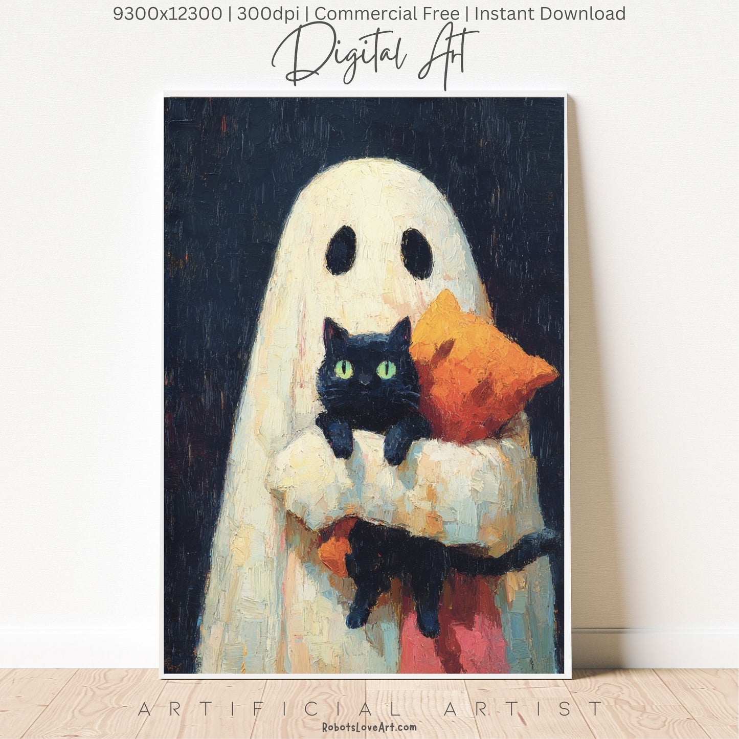 Ghost Cat | Instant Download | Digital AI Art | Halloween Wall Art | Cute Halloween