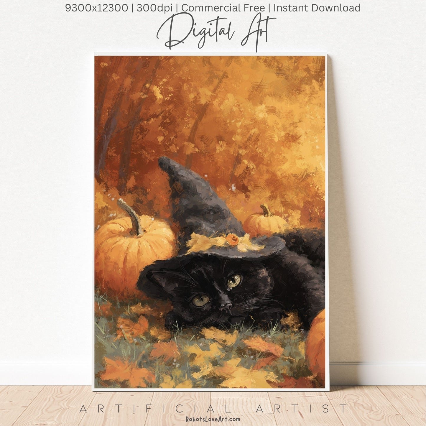 Black Halloween Witch’s Cat | Instant Download | Digital AI Art | Halloween Wall Art | Fall Decor