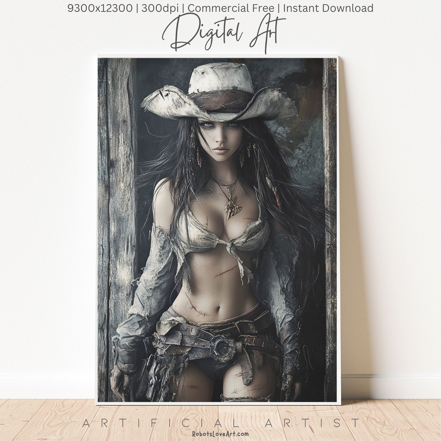 Ready to Draw Girl | Instant Download | Fantasy Digital AI Art | Hot Cowgirl