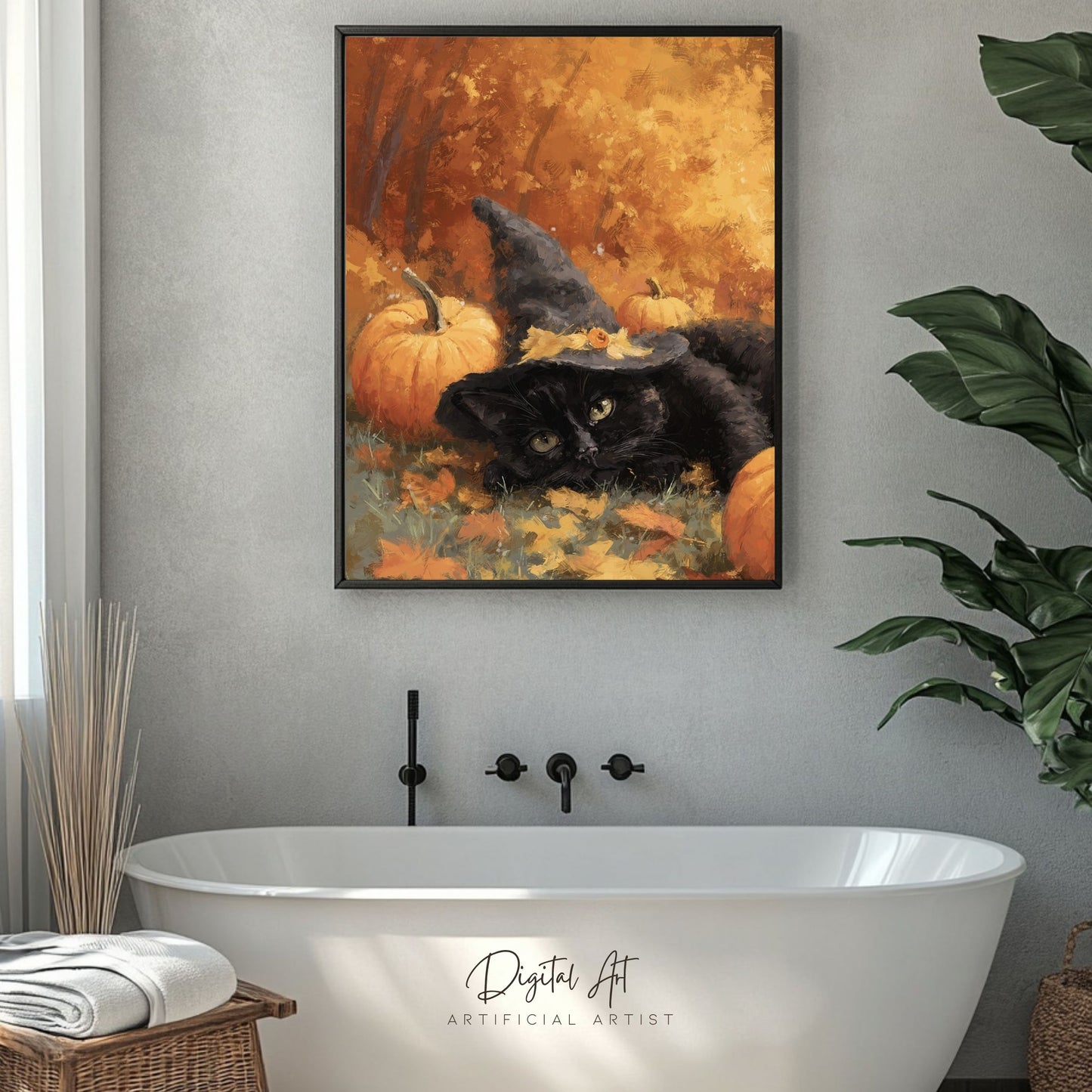 Black Halloween Witch’s Cat | Instant Download | Digital AI Art | Halloween Wall Art | Fall Decor