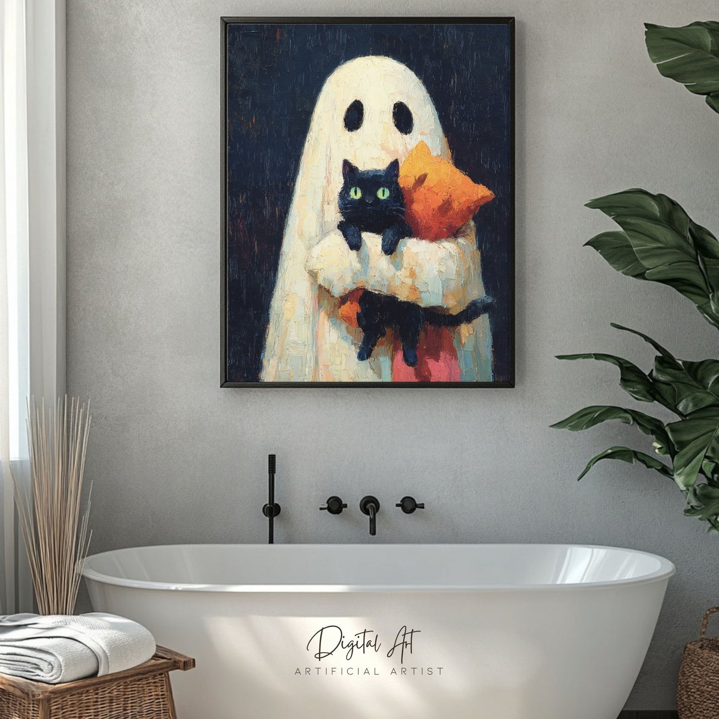 Ghost Cat | Instant Download | Digital AI Art | Halloween Wall Art | Cute Halloween