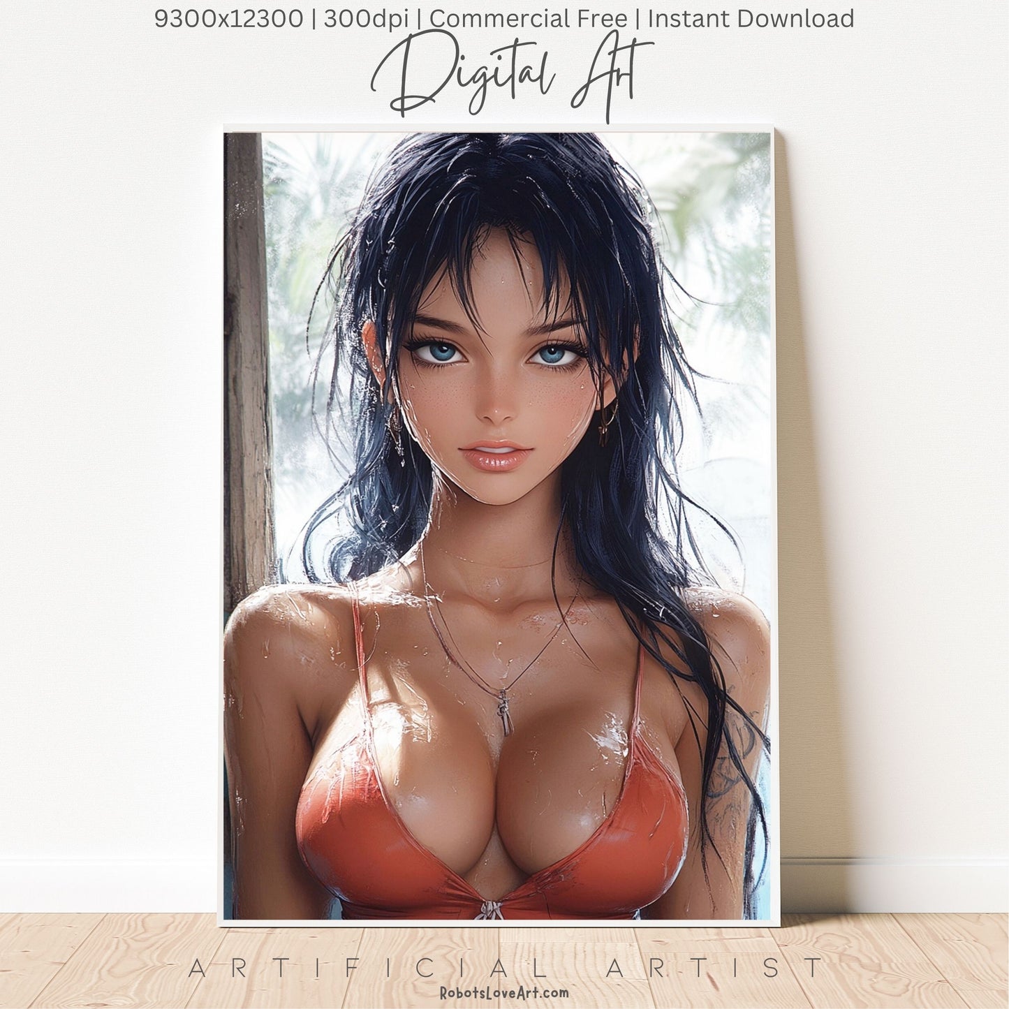 Anime Busty Beauty Blue Eyes in Orange Bikini | Instant Download | Fantasy Digital AI Art