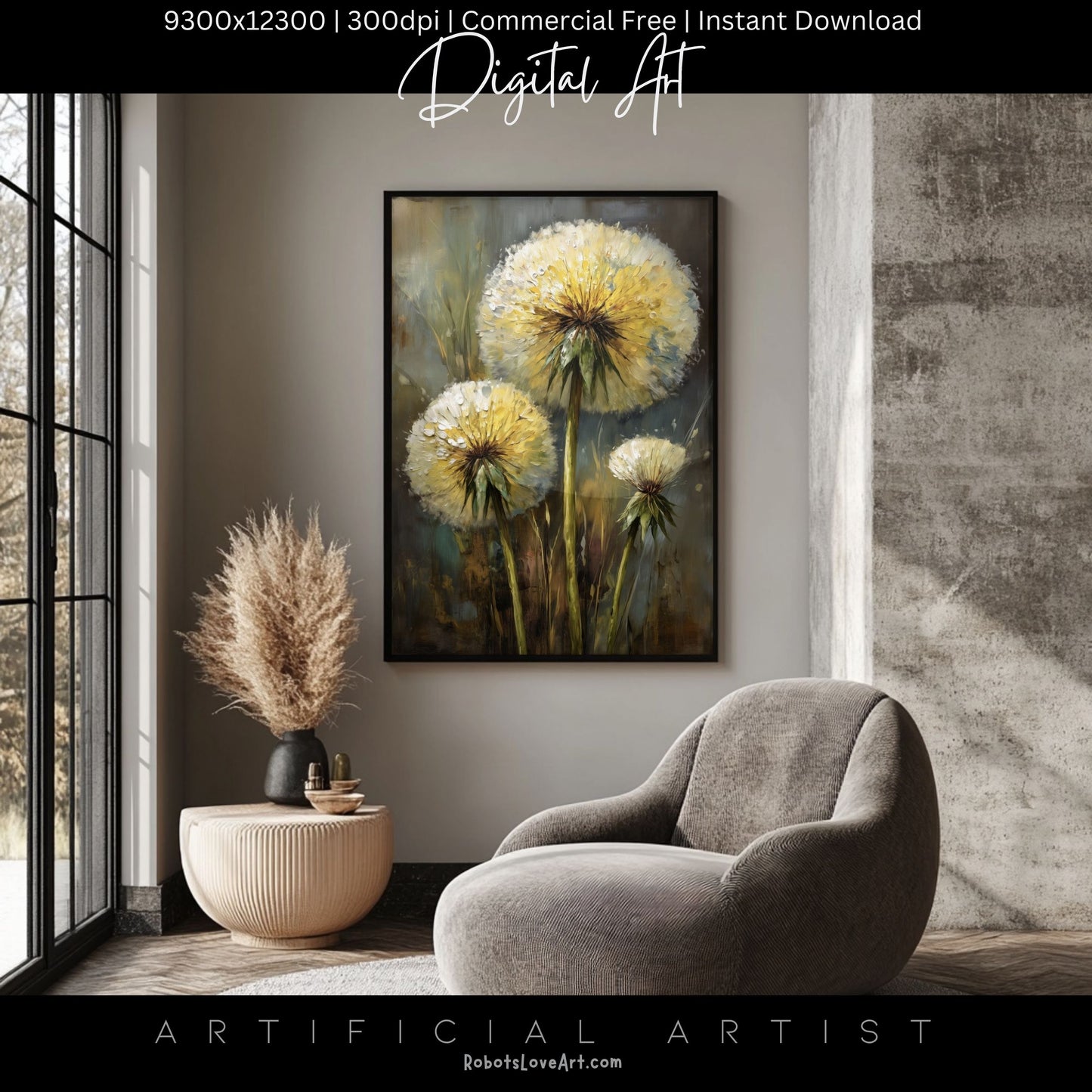 Wild Country Dandelion Portrait | Instant Download | Digital AI Art | Homestead Decor