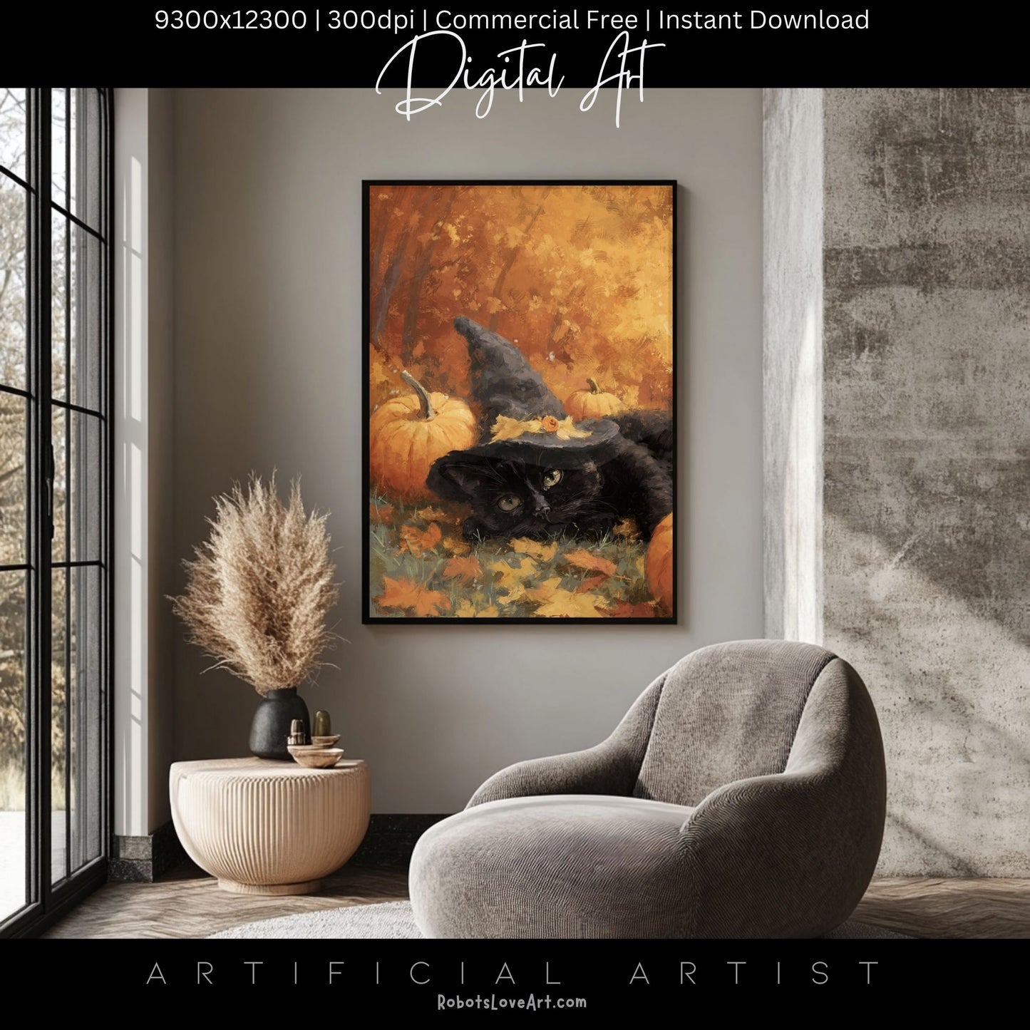 Black Halloween Witch’s Cat | Instant Download | Digital AI Art | Halloween Wall Art | Fall Decor