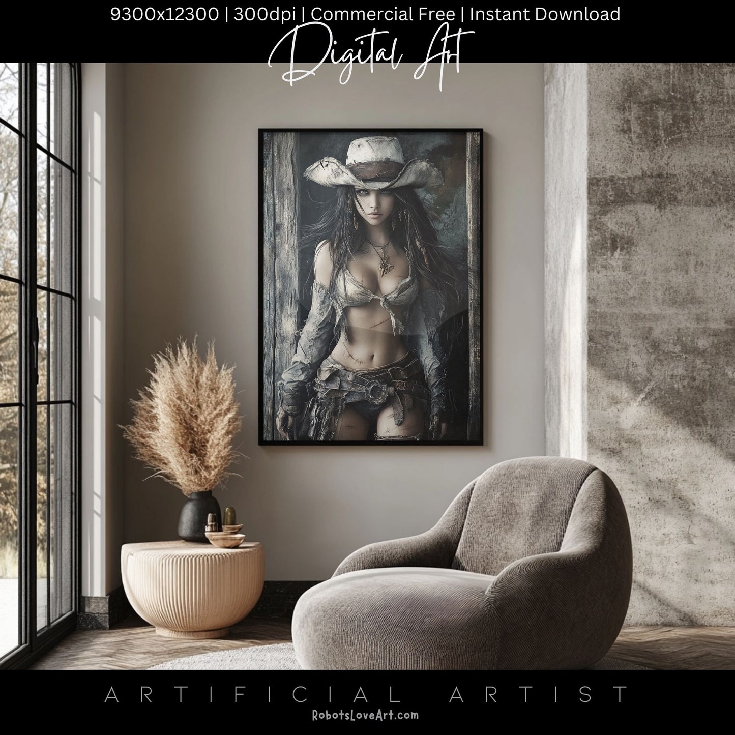 Ready to Draw Girl | Instant Download | Fantasy Digital AI Art | Hot Cowgirl