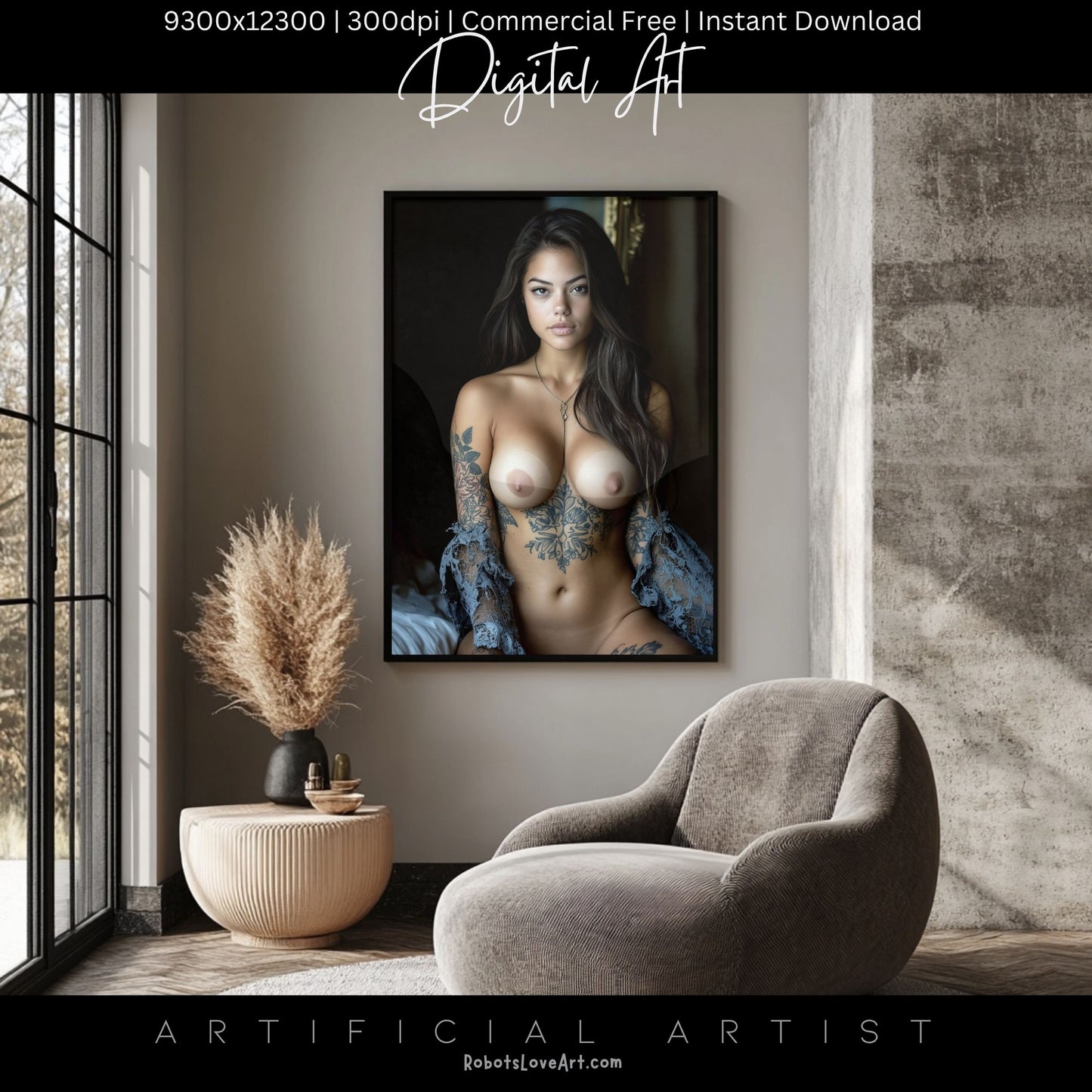Topless Blue Lace in Bed | Instant Download | Fantasy Digital AI Art | Big Boobs Beautiful