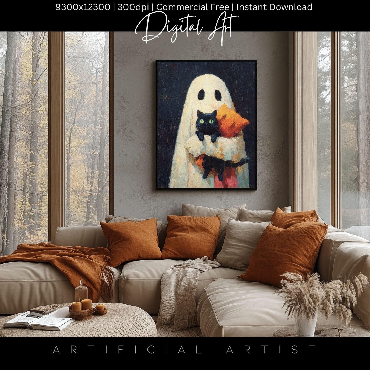 Ghost Cat | Instant Download | Digital AI Art | Halloween Wall Art | Cute Halloween