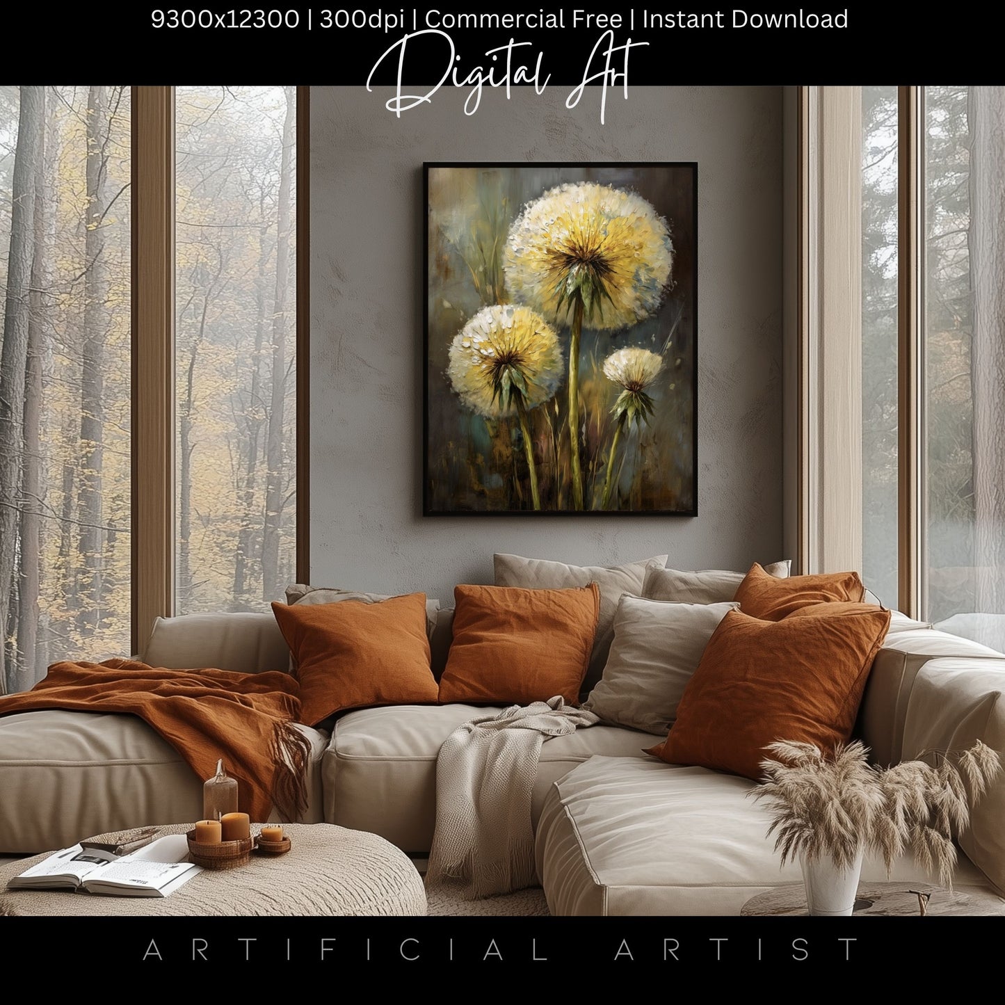 Wild Country Dandelion Portrait | Instant Download | Digital AI Art | Homestead Decor