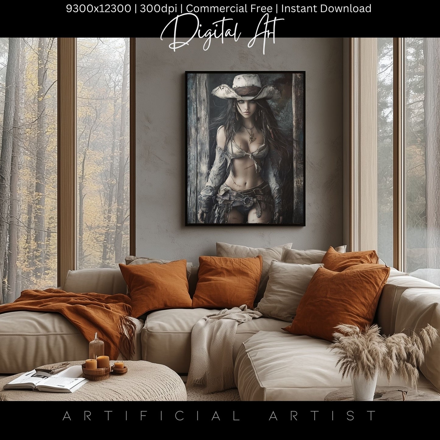 Ready to Draw Girl | Instant Download | Fantasy Digital AI Art | Hot Cowgirl