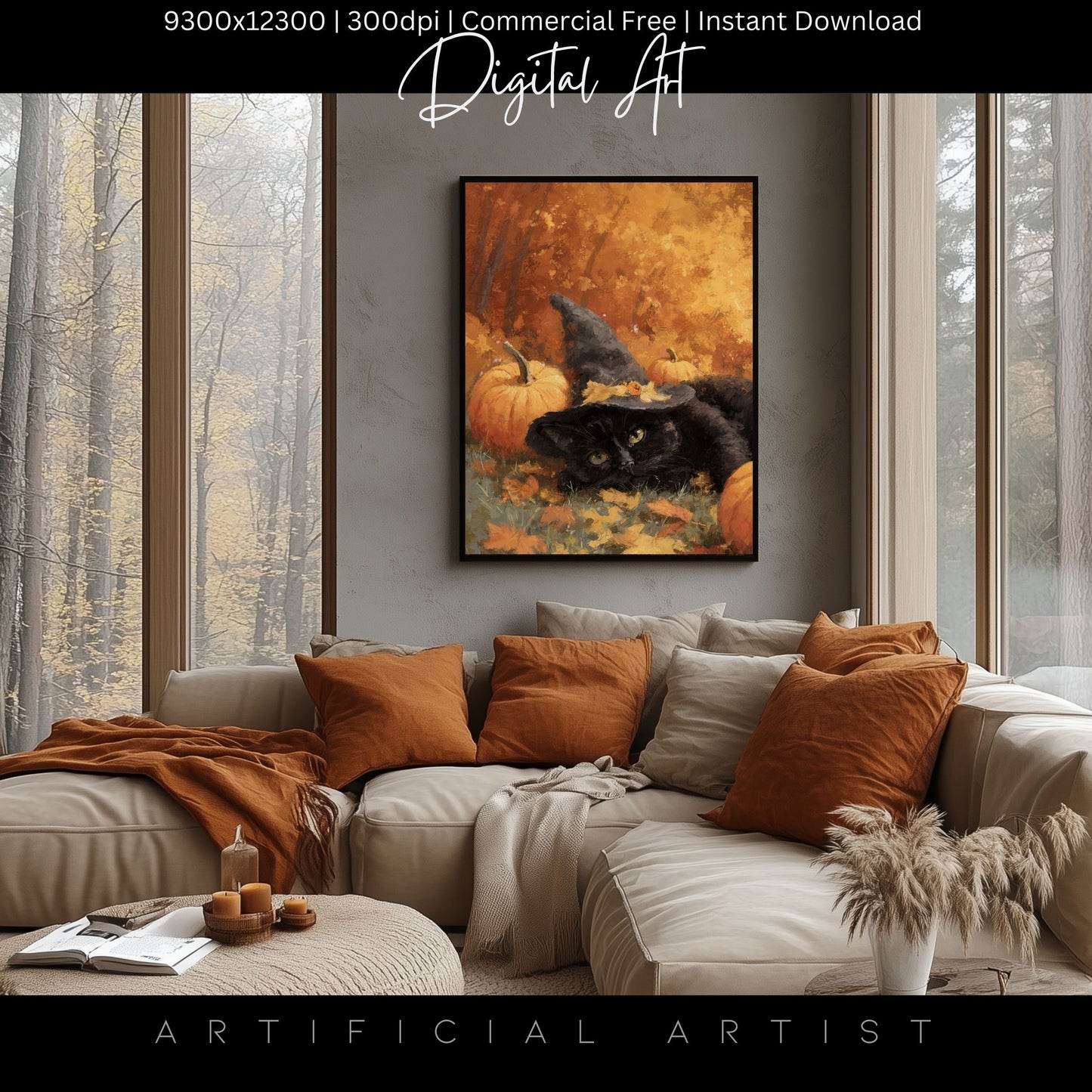 Black Halloween Witch’s Cat | Instant Download | Digital AI Art | Halloween Wall Art | Fall Decor