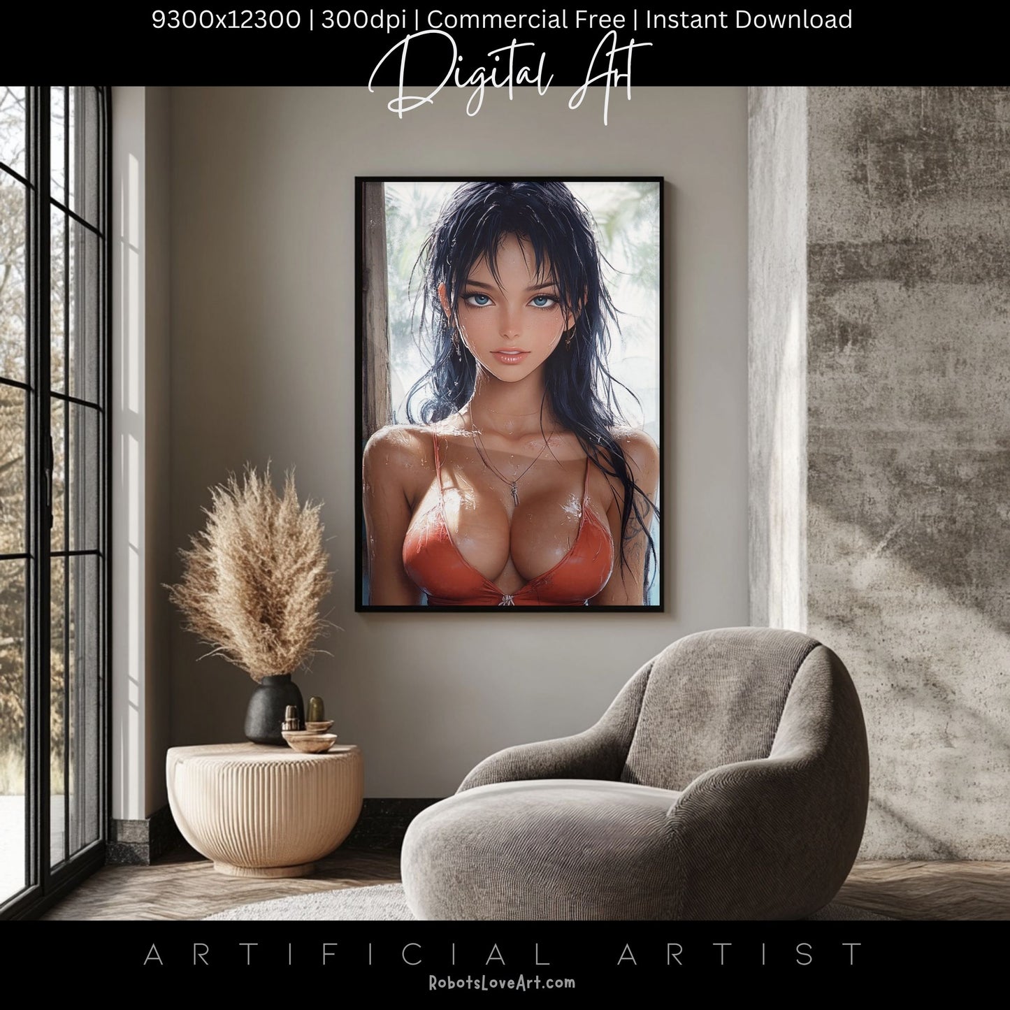 Anime Busty Beauty Blue Eyes in Orange Bikini | Instant Download | Fantasy Digital AI Art