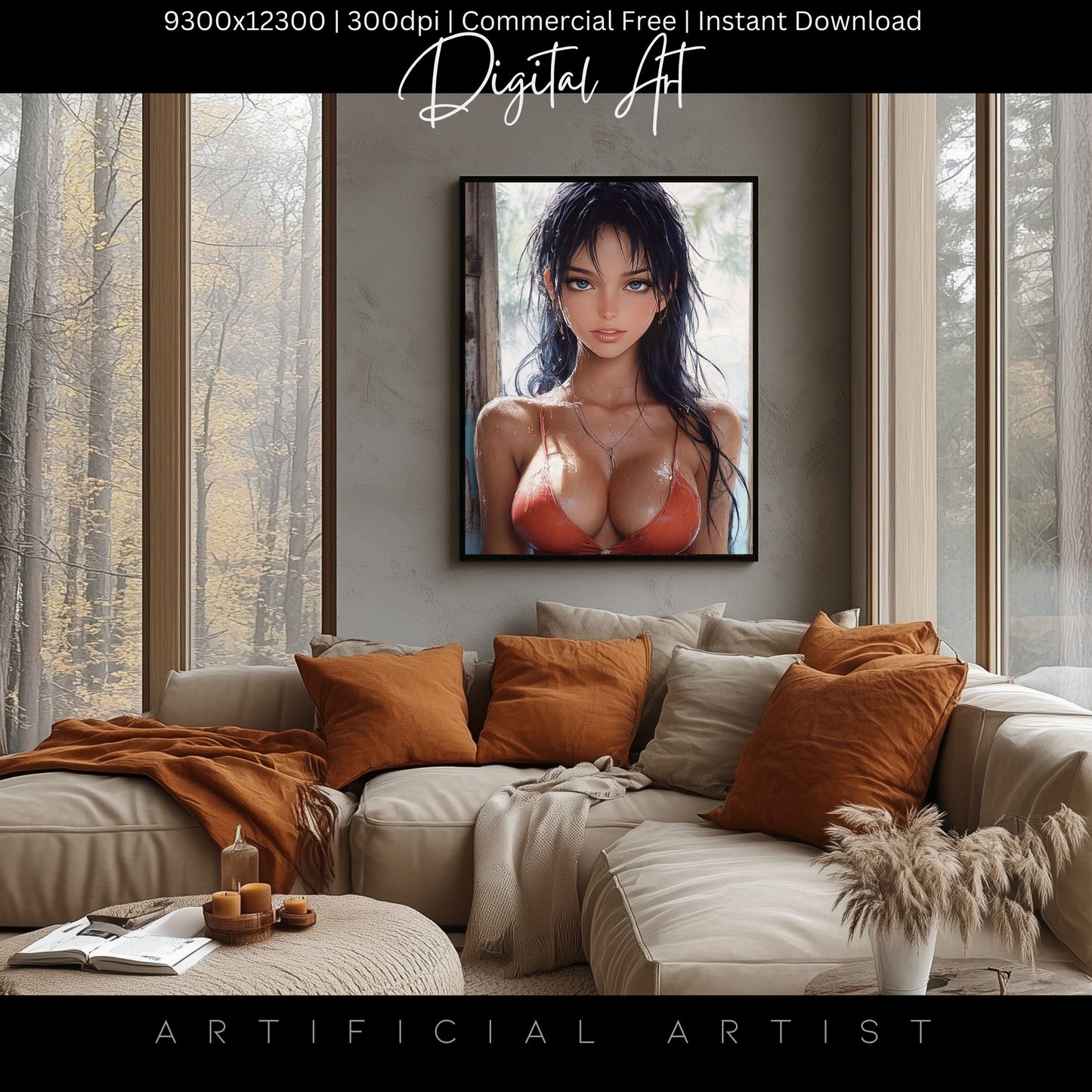 Anime Busty Beauty Blue Eyes in Orange Bikini | Instant Download | Fantasy Digital AI Art