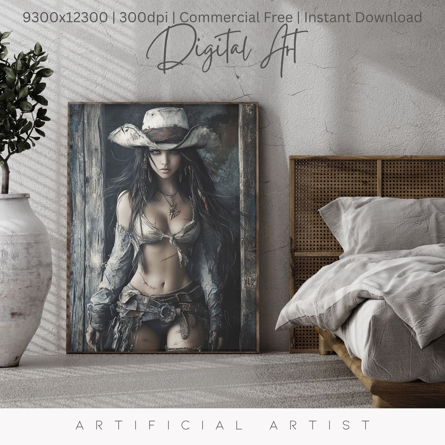 Ready to Draw Girl | Instant Download | Fantasy Digital AI Art | Hot Cowgirl