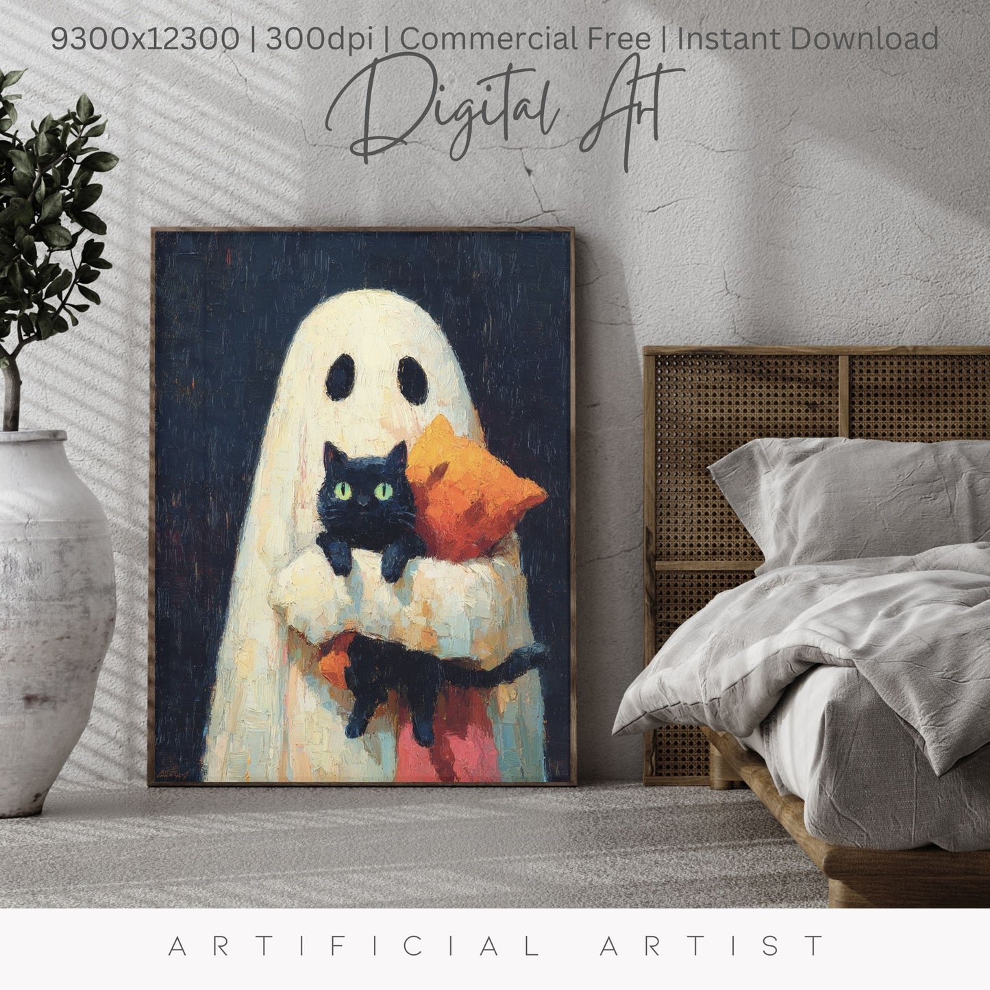Ghost Cat | Instant Download | Digital AI Art | Halloween Wall Art | Cute Halloween