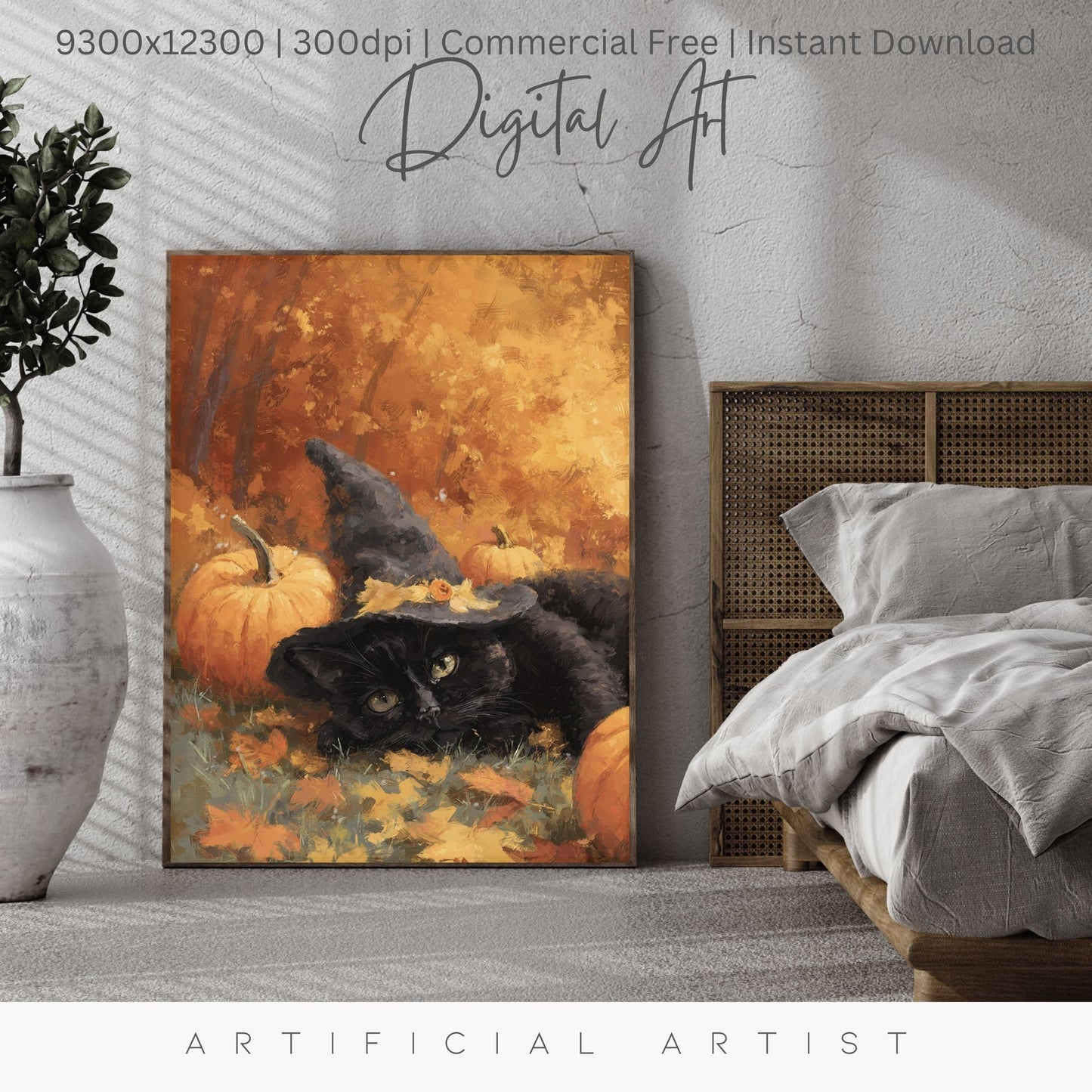 Black Halloween Witch’s Cat | Instant Download | Digital AI Art | Halloween Wall Art | Fall Decor
