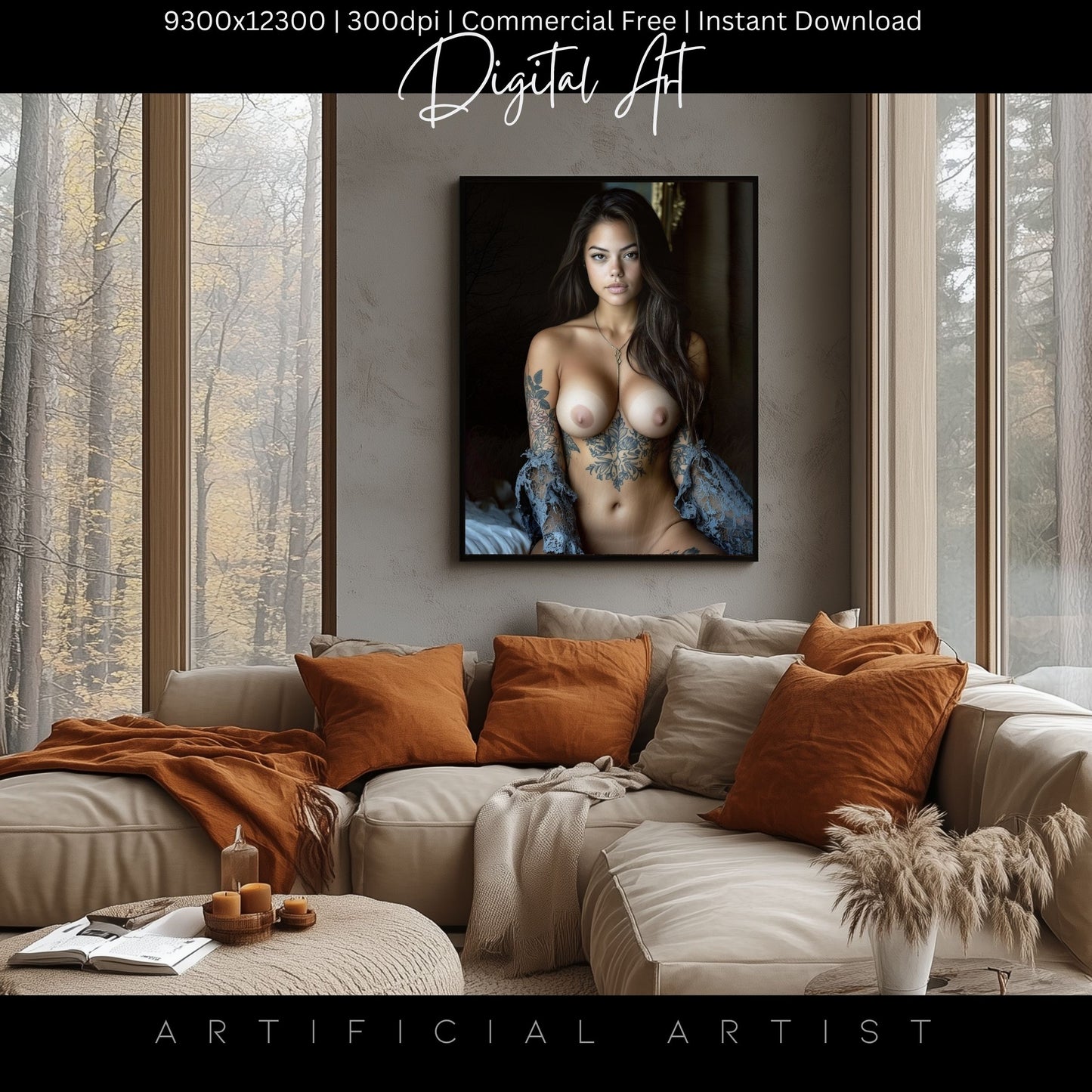 Topless Blue Lace in Bed | Instant Download | Fantasy Digital AI Art | Big Boobs Beautiful