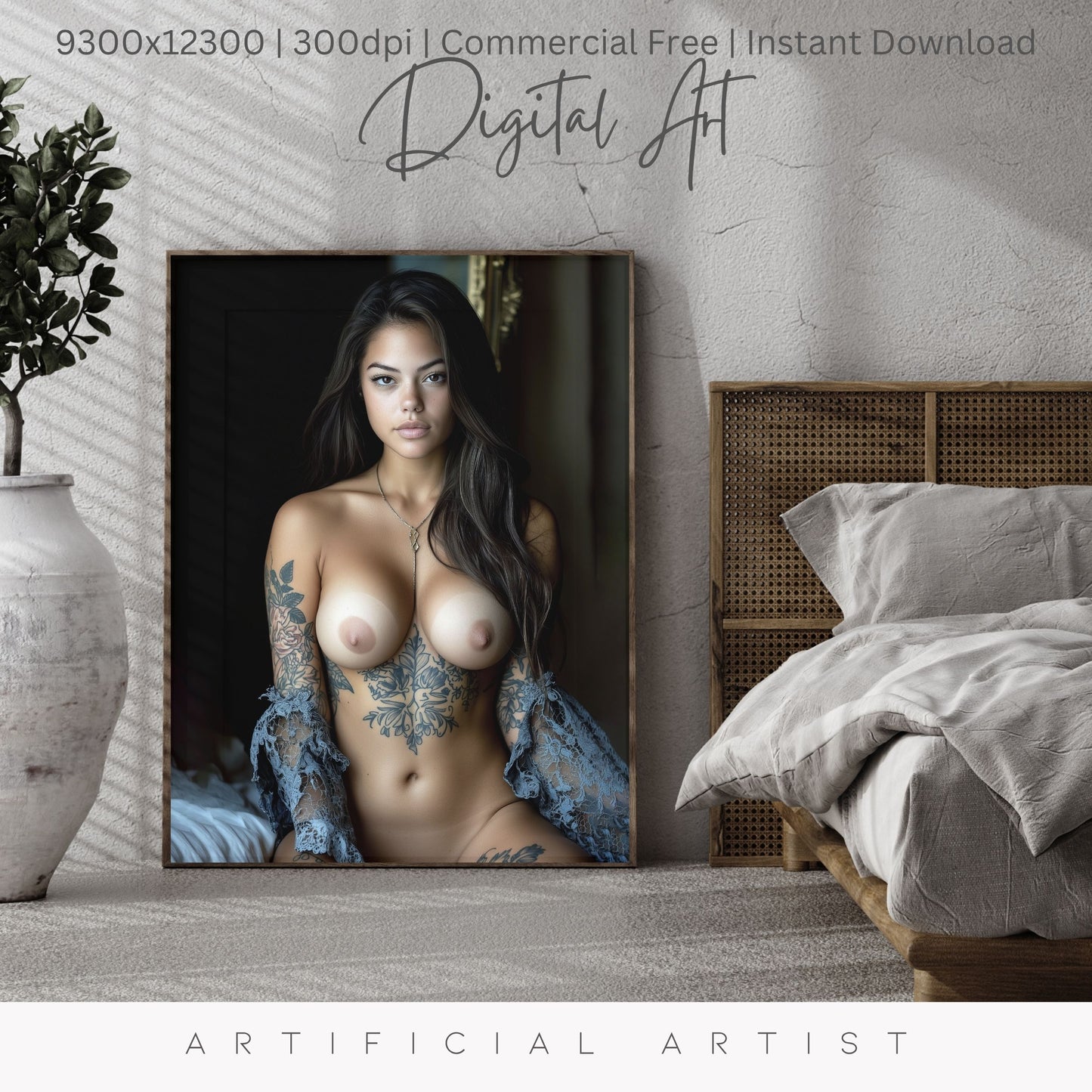 Topless Blue Lace in Bed | Instant Download | Fantasy Digital AI Art | Big Boobs Beautiful