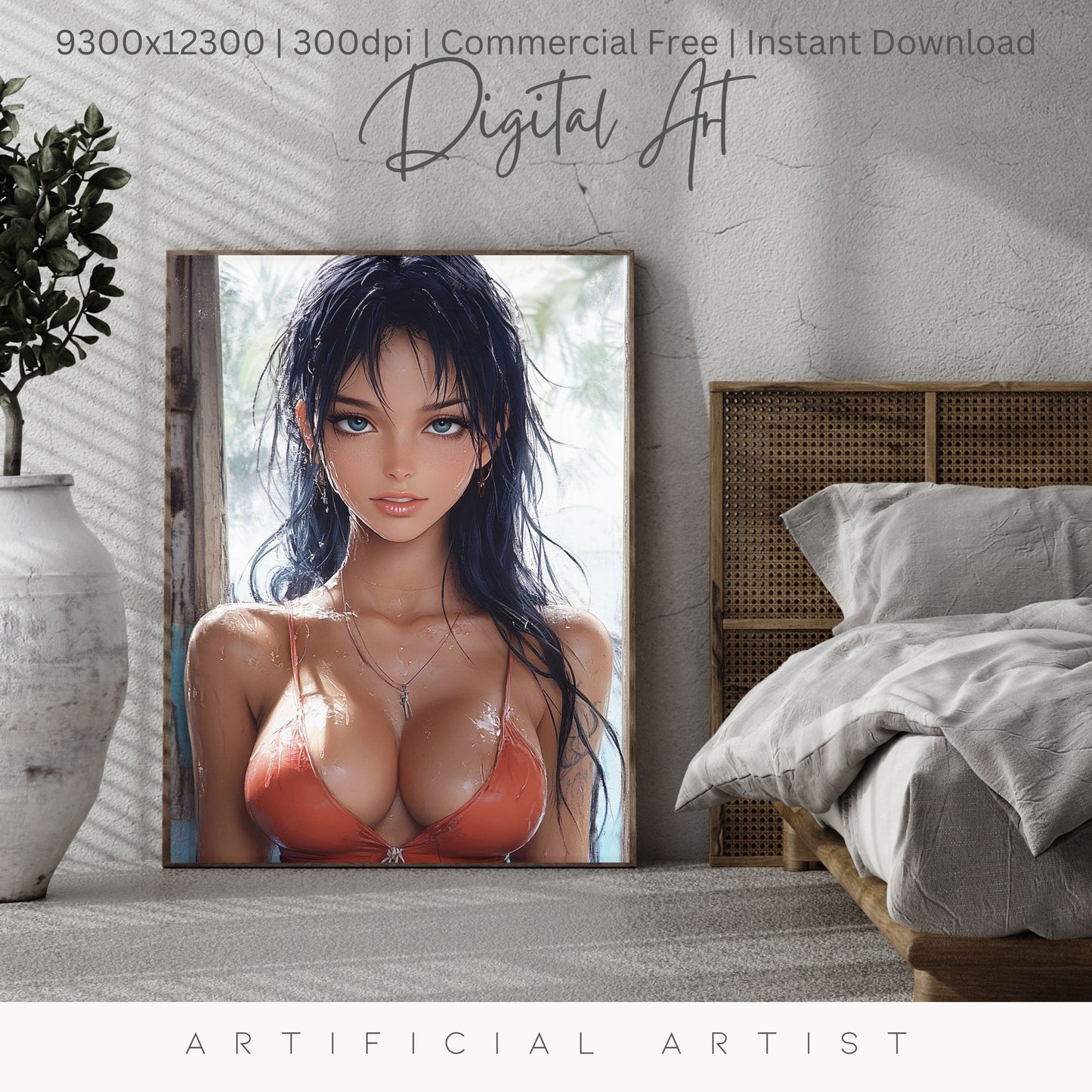 Anime Busty Beauty Blue Eyes in Orange Bikini | Instant Download | Fantasy Digital AI Art