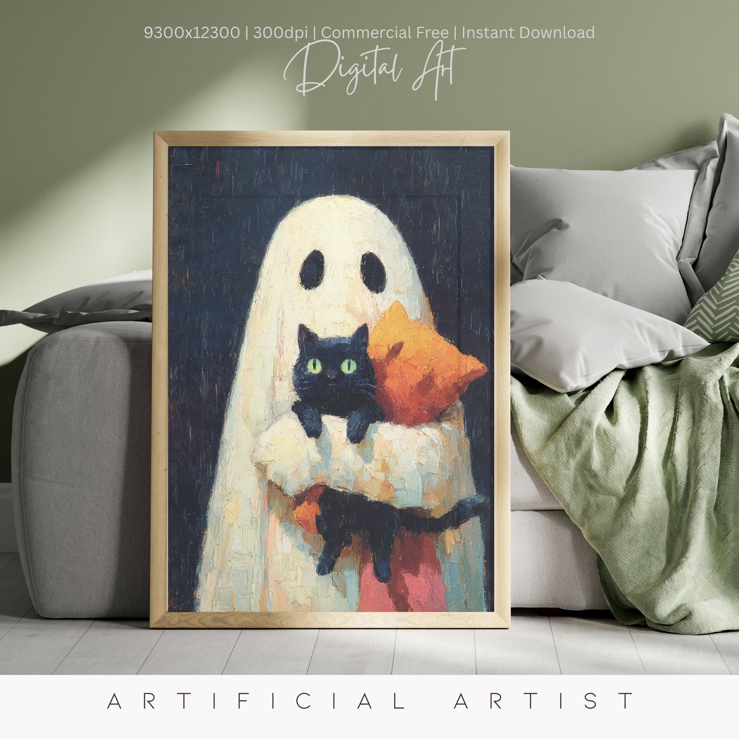 Ghost Cat | Instant Download | Digital AI Art | Halloween Wall Art | Cute Halloween