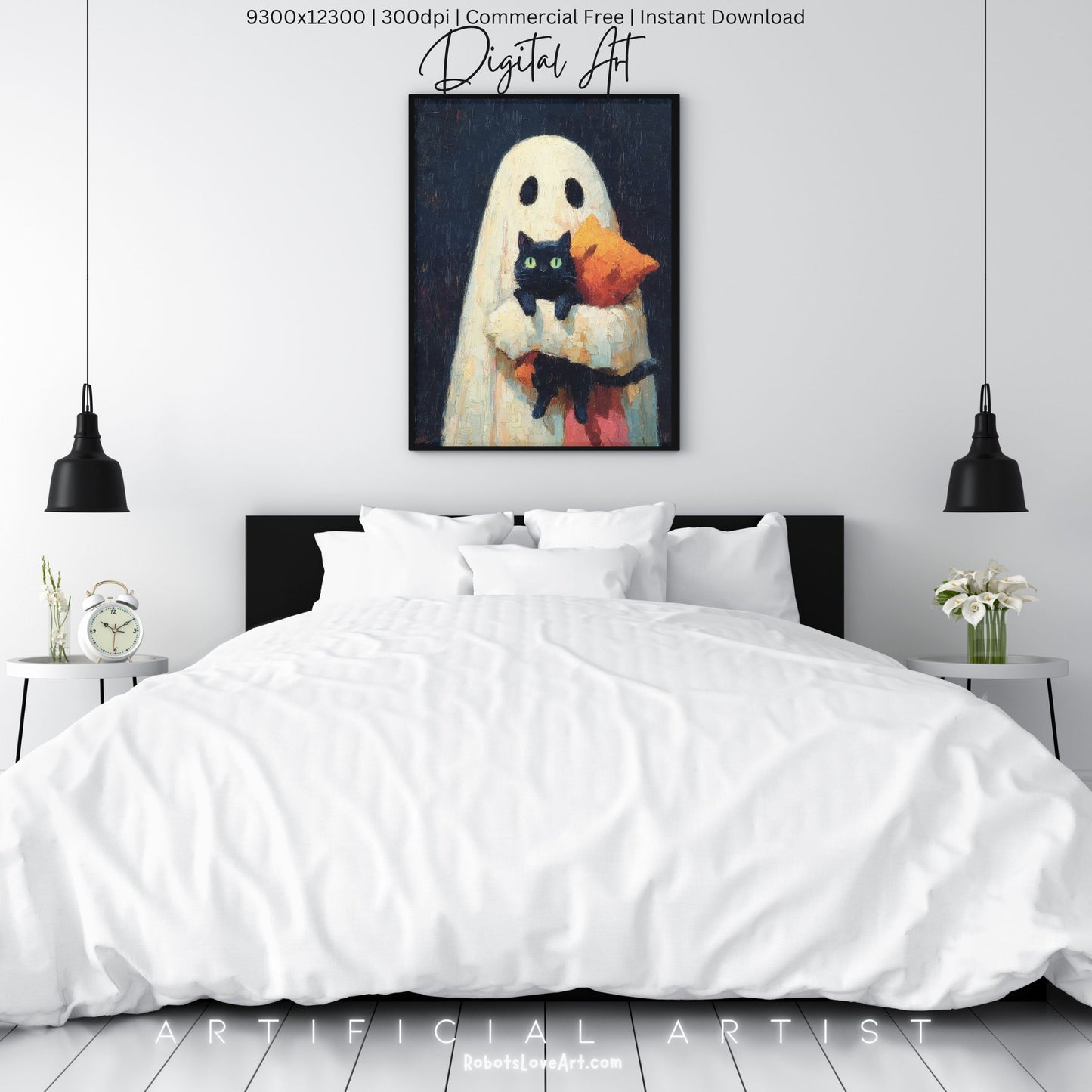 Ghost Cat | Instant Download | Digital AI Art | Halloween Wall Art | Cute Halloween