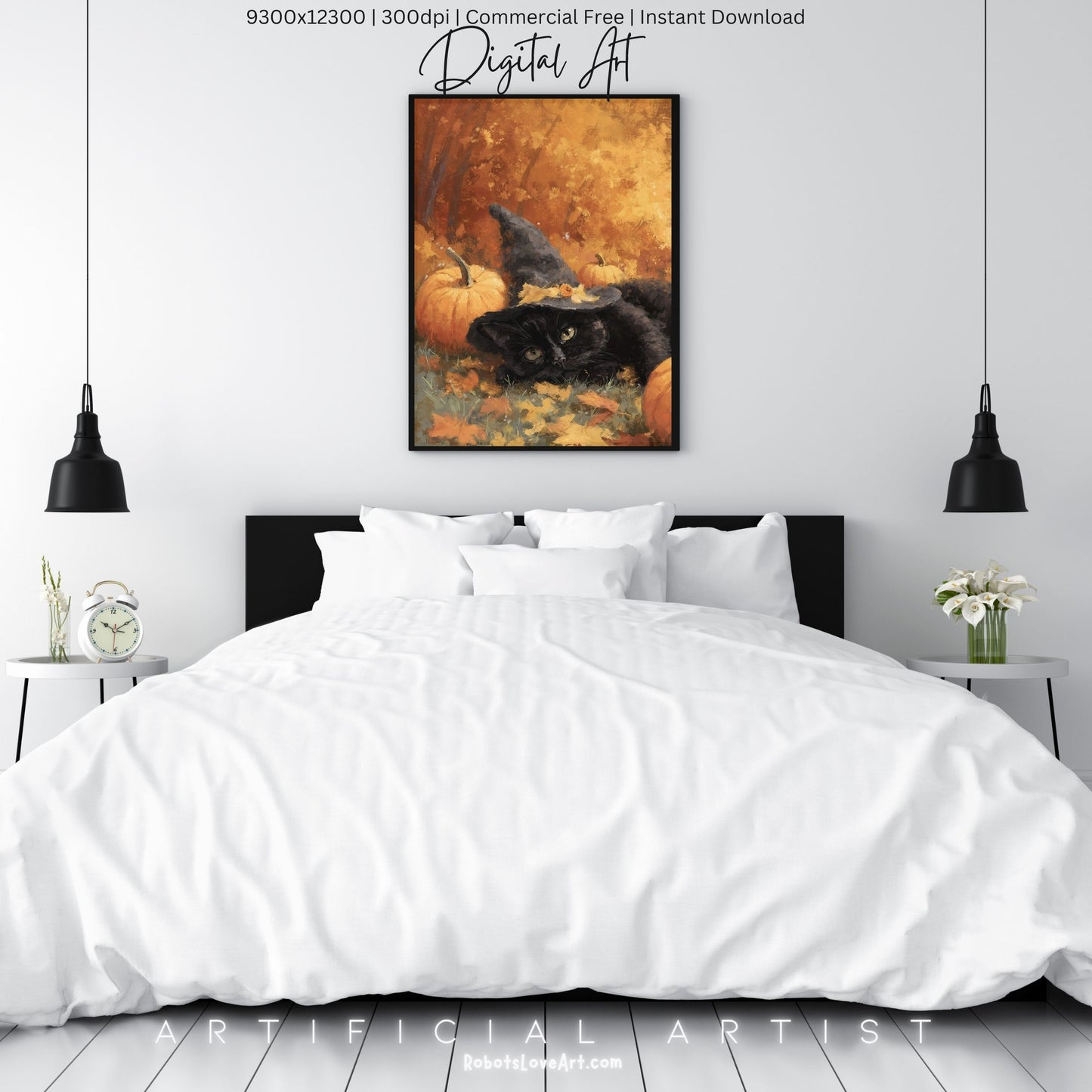 Black Halloween Witch’s Cat | Instant Download | Digital AI Art | Halloween Wall Art | Fall Decor