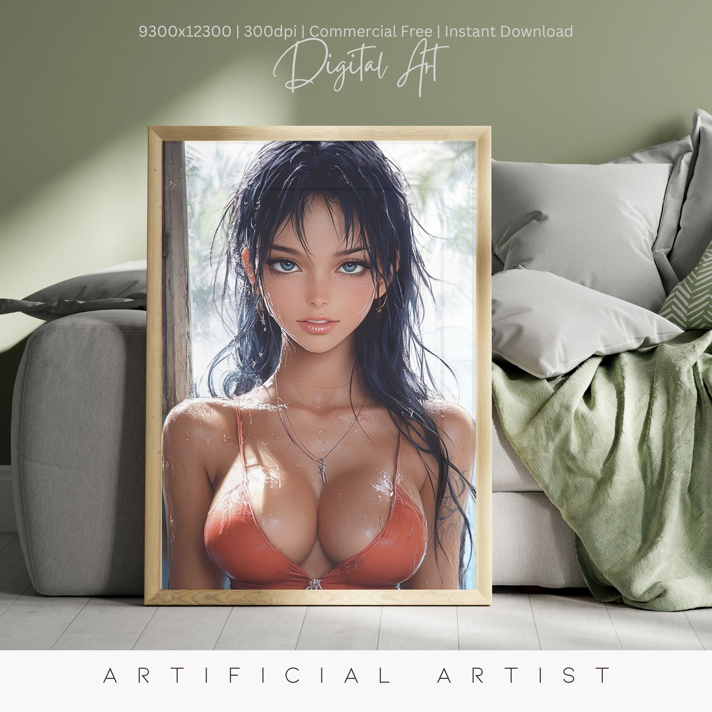 Anime Busty Beauty Blue Eyes in Orange Bikini | Instant Download | Fantasy Digital AI Art