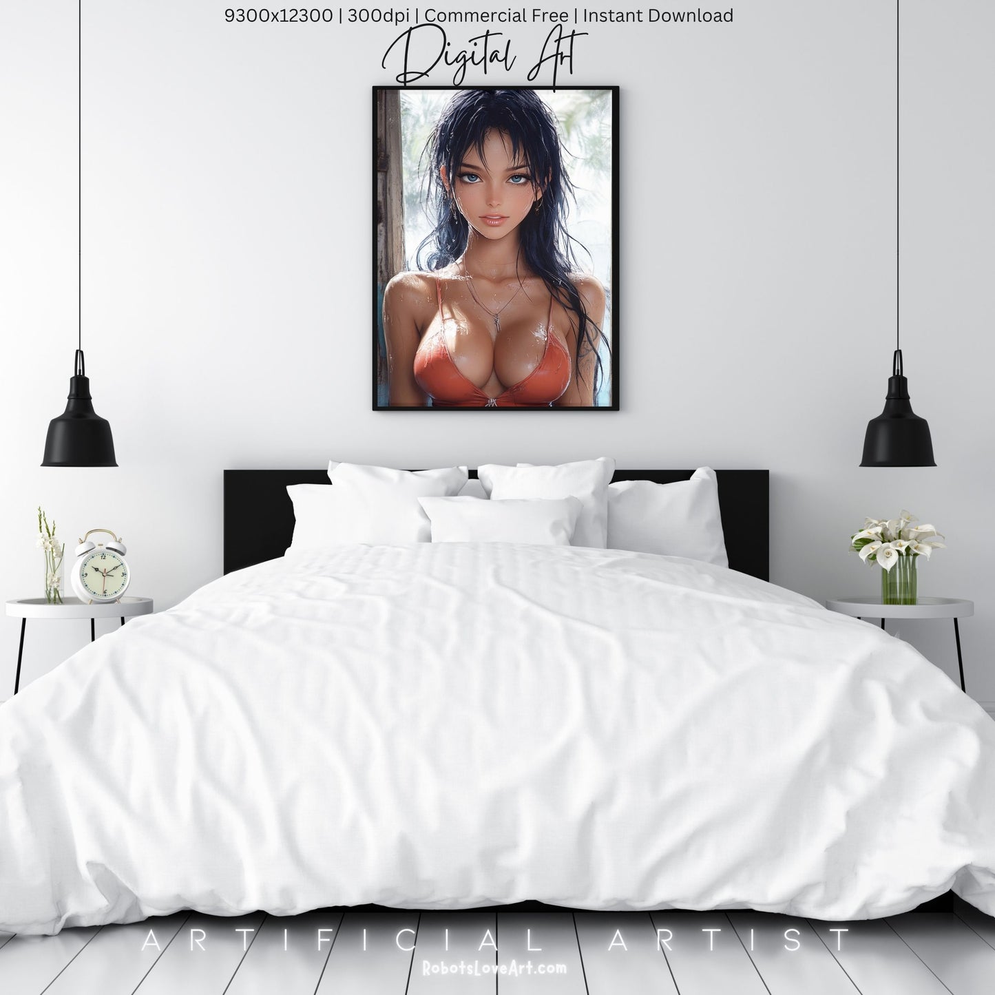 Anime Busty Beauty Blue Eyes in Orange Bikini | Instant Download | Fantasy Digital AI Art