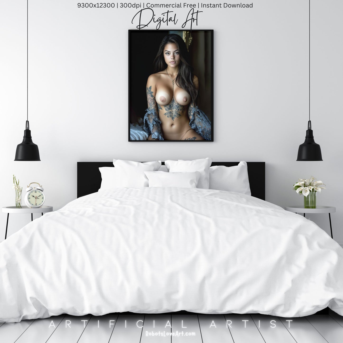 Topless Blue Lace in Bed | Instant Download | Fantasy Digital AI Art | Big Boobs Beautiful