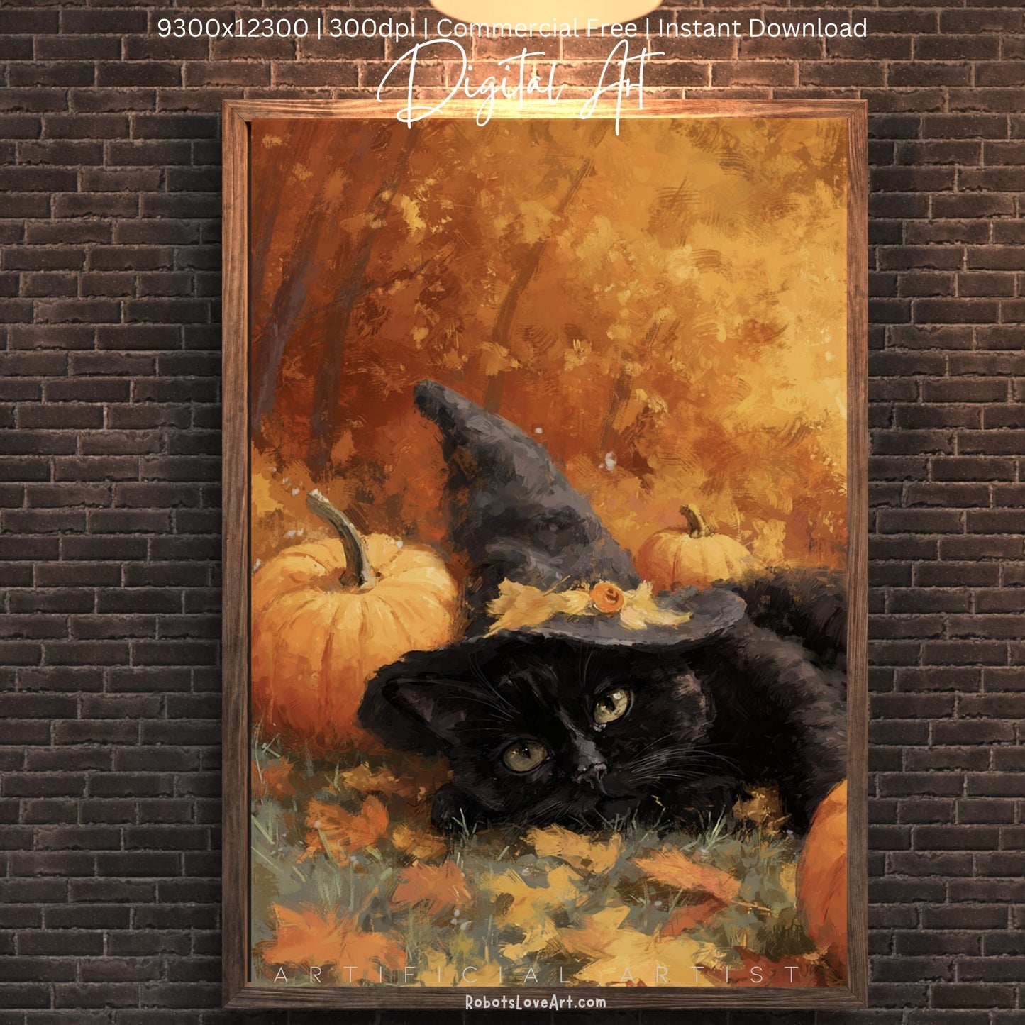 Black Halloween Witch’s Cat | Instant Download | Digital AI Art | Halloween Wall Art | Fall Decor