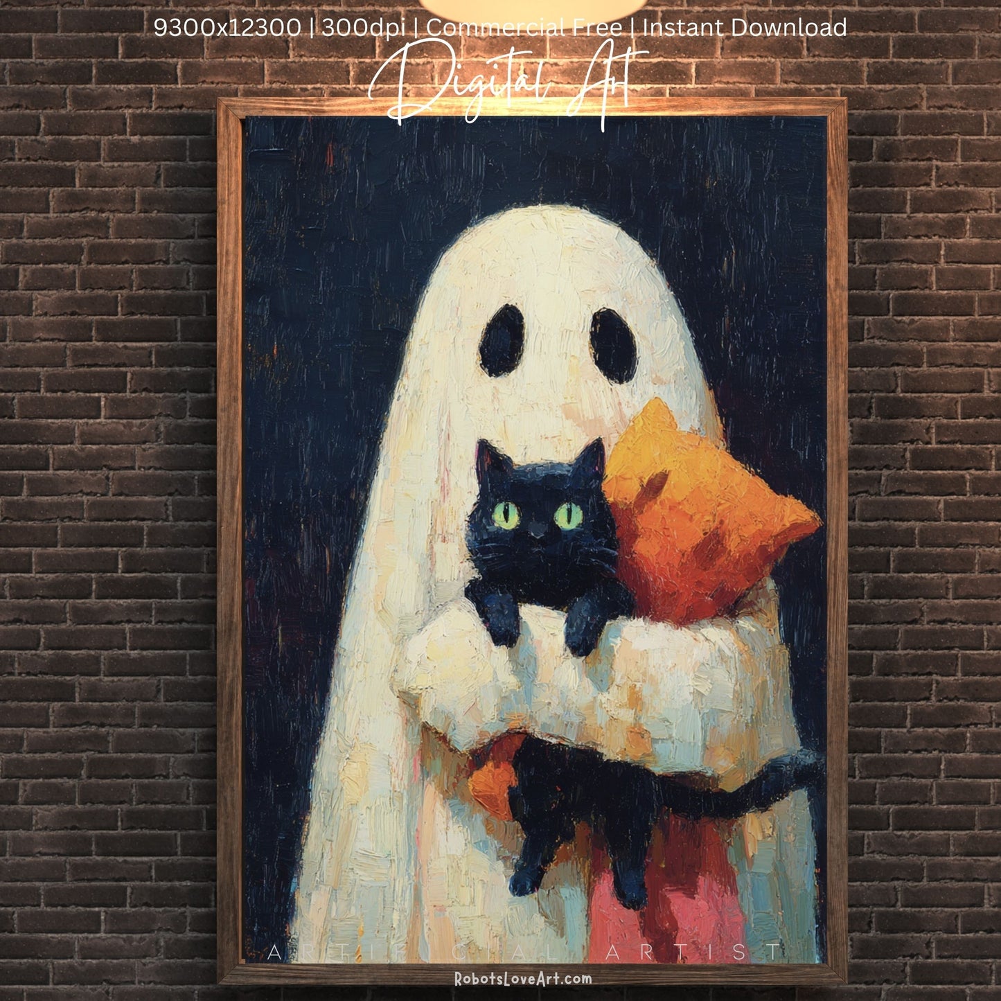 Ghost Cat | Instant Download | Digital AI Art | Halloween Wall Art | Cute Halloween