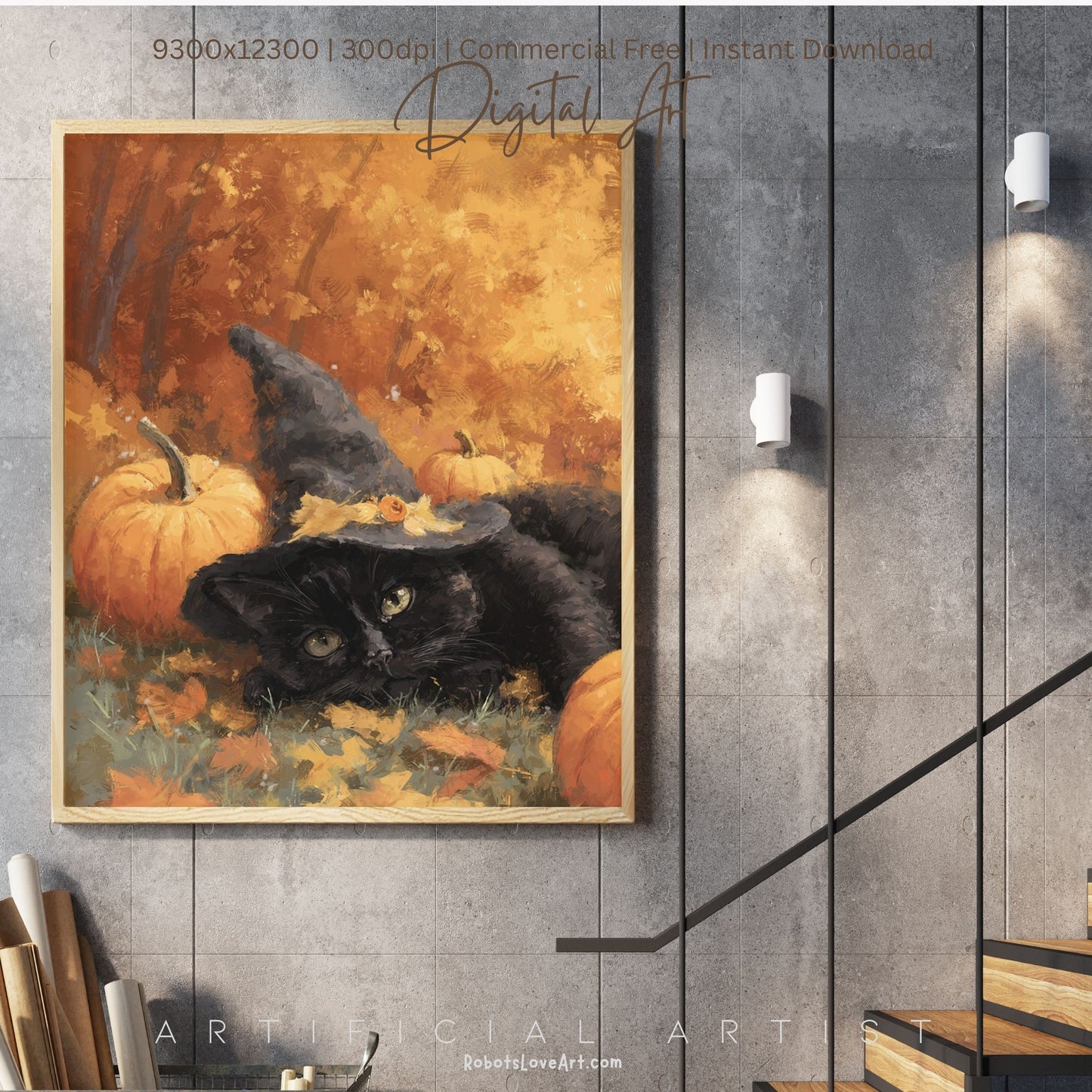 Black Halloween Witch’s Cat | Instant Download | Digital AI Art | Halloween Wall Art | Fall Decor