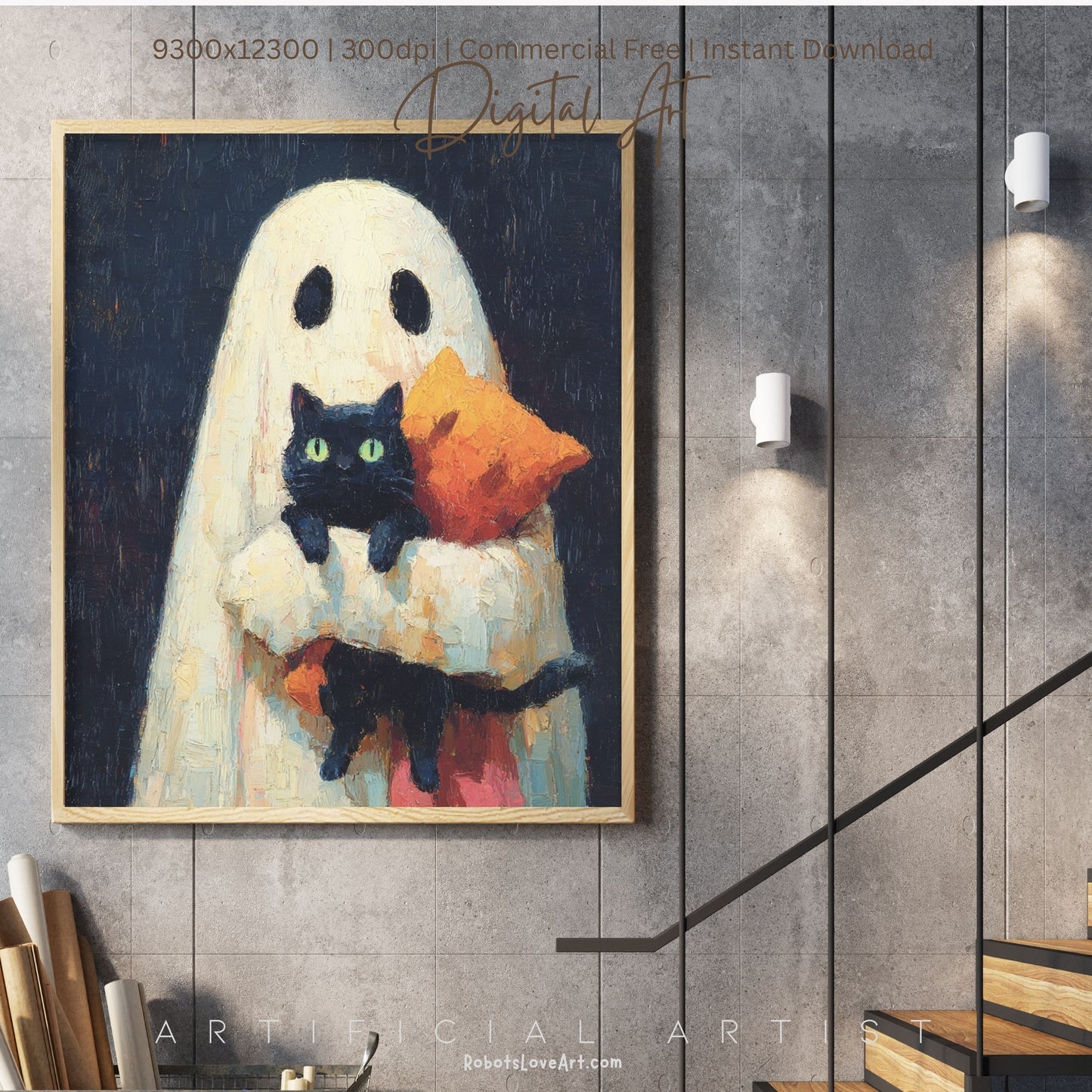 Ghost Cat | Instant Download | Digital AI Art | Halloween Wall Art | Cute Halloween