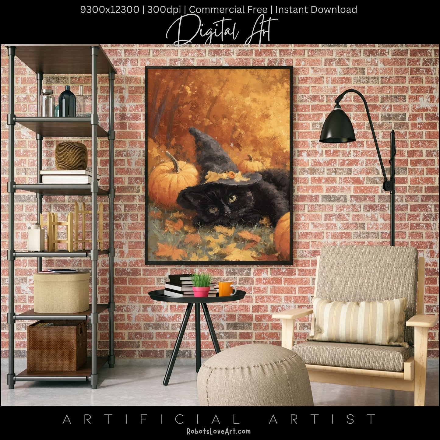 Black Halloween Witch’s Cat | Instant Download | Digital AI Art | Halloween Wall Art | Fall Decor