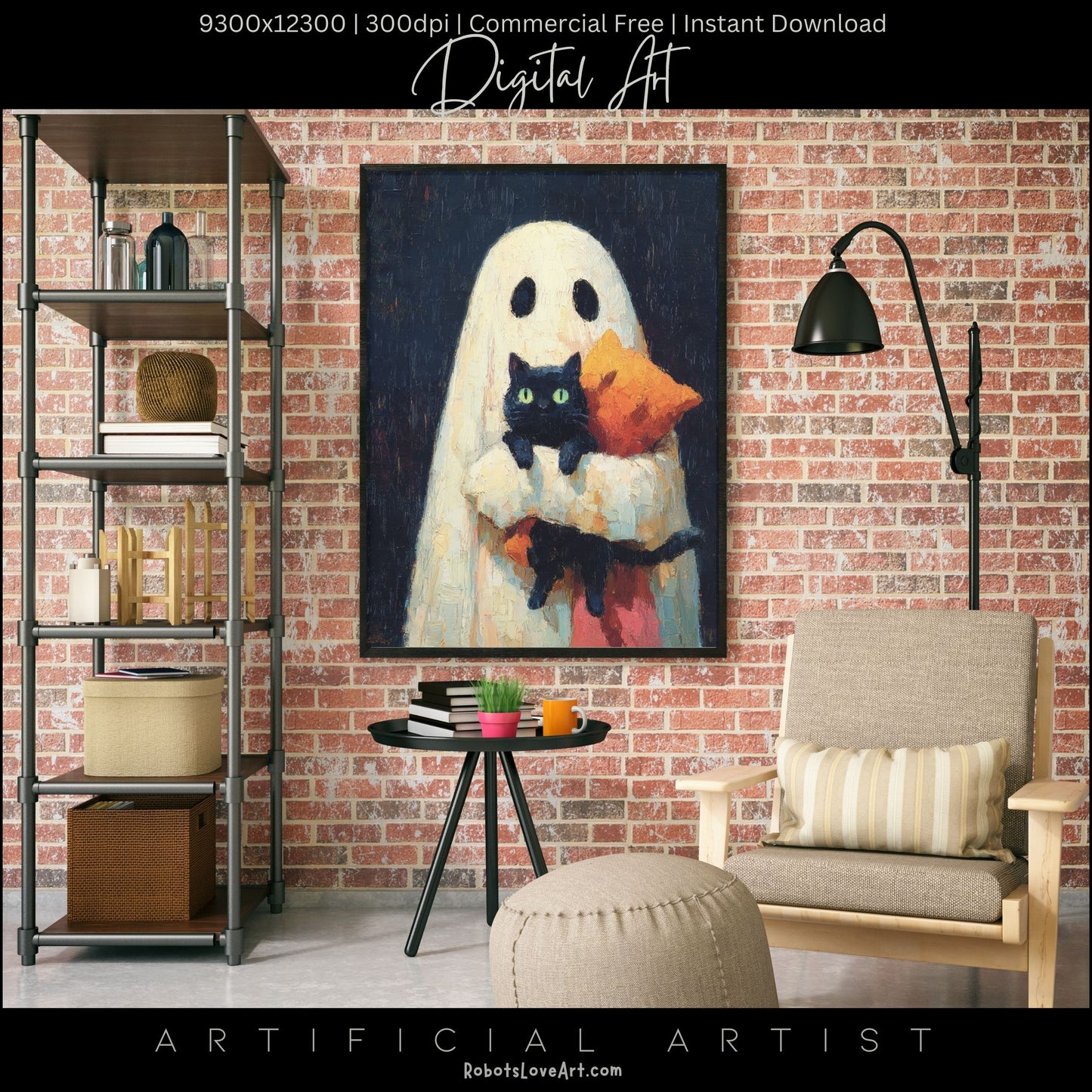 Ghost Cat | Instant Download | Digital AI Art | Halloween Wall Art | Cute Halloween
