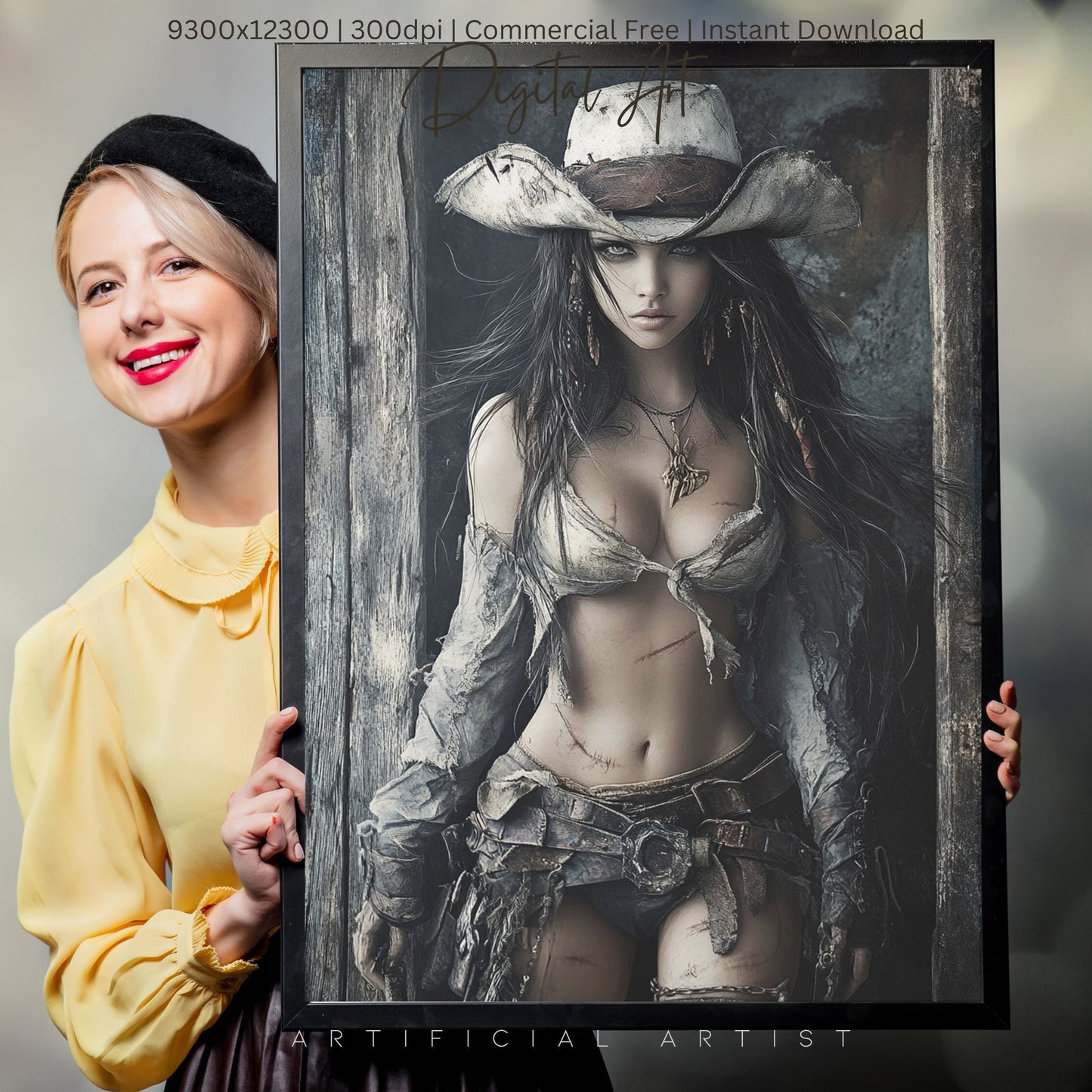 Ready to Draw Girl | Instant Download | Fantasy Digital AI Art | Hot Cowgirl