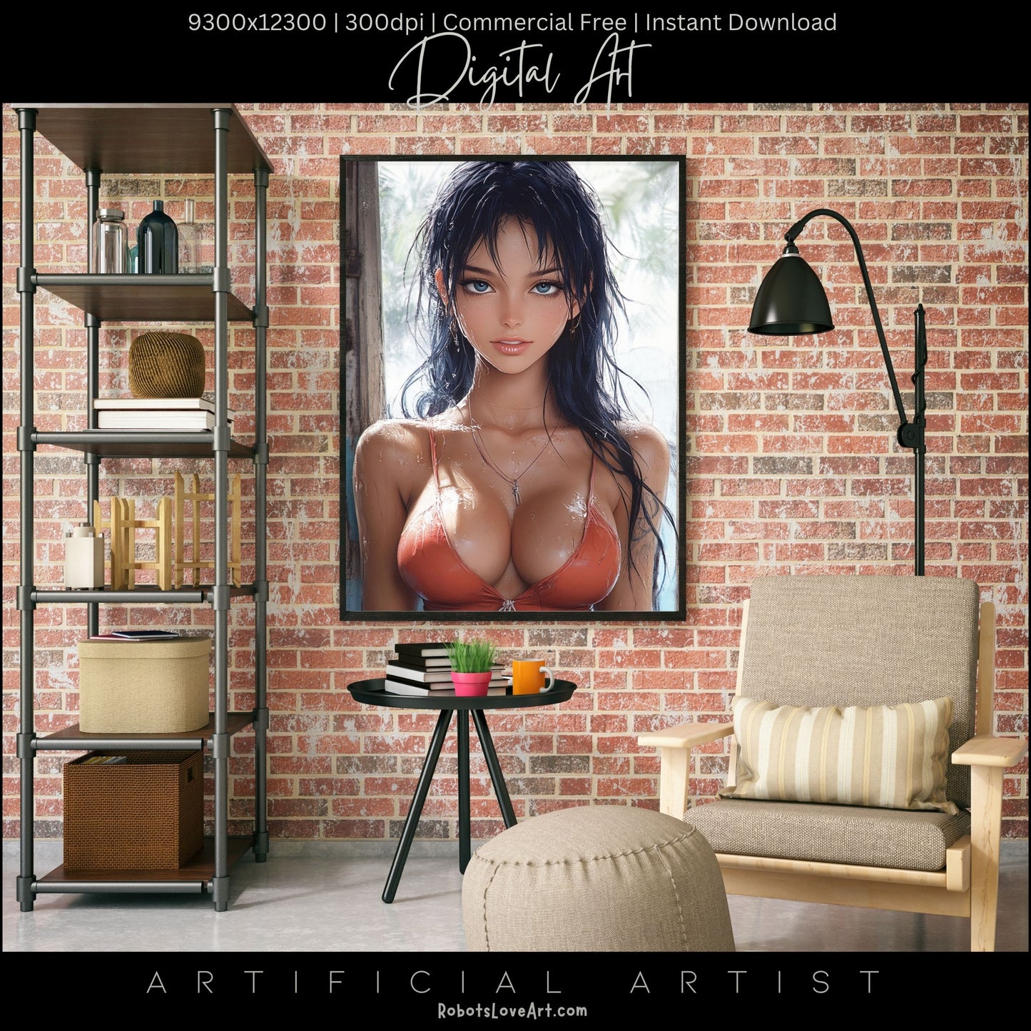 Anime Busty Beauty Blue Eyes in Orange Bikini | Instant Download | Fantasy Digital AI Art