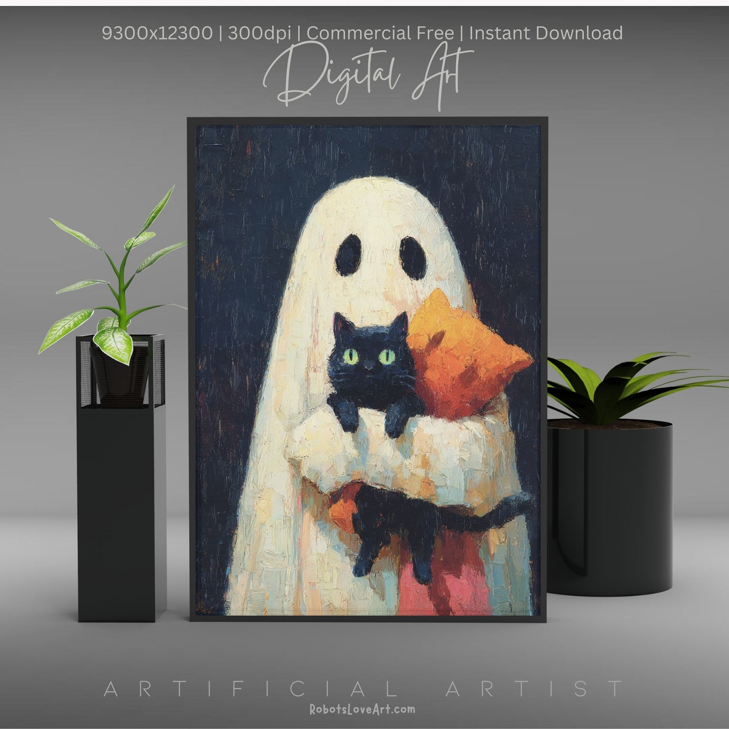 Ghost Cat | Instant Download | Digital AI Art | Halloween Wall Art | Cute Halloween