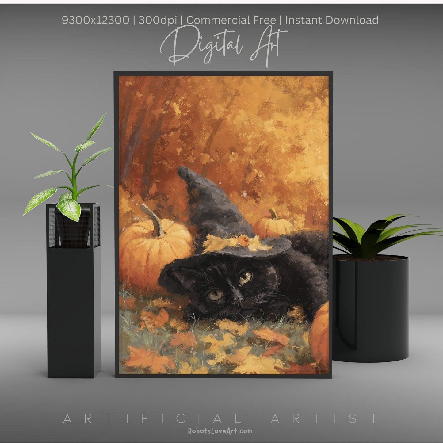 Black Halloween Witch’s Cat | Instant Download | Digital AI Art | Halloween Wall Art | Fall Decor