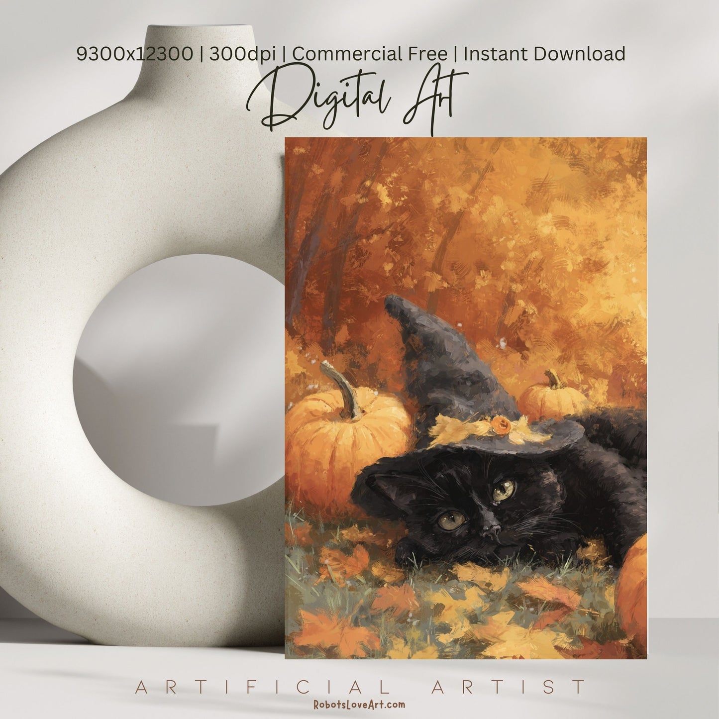 Black Halloween Witch’s Cat | Instant Download | Digital AI Art | Halloween Wall Art | Fall Decor