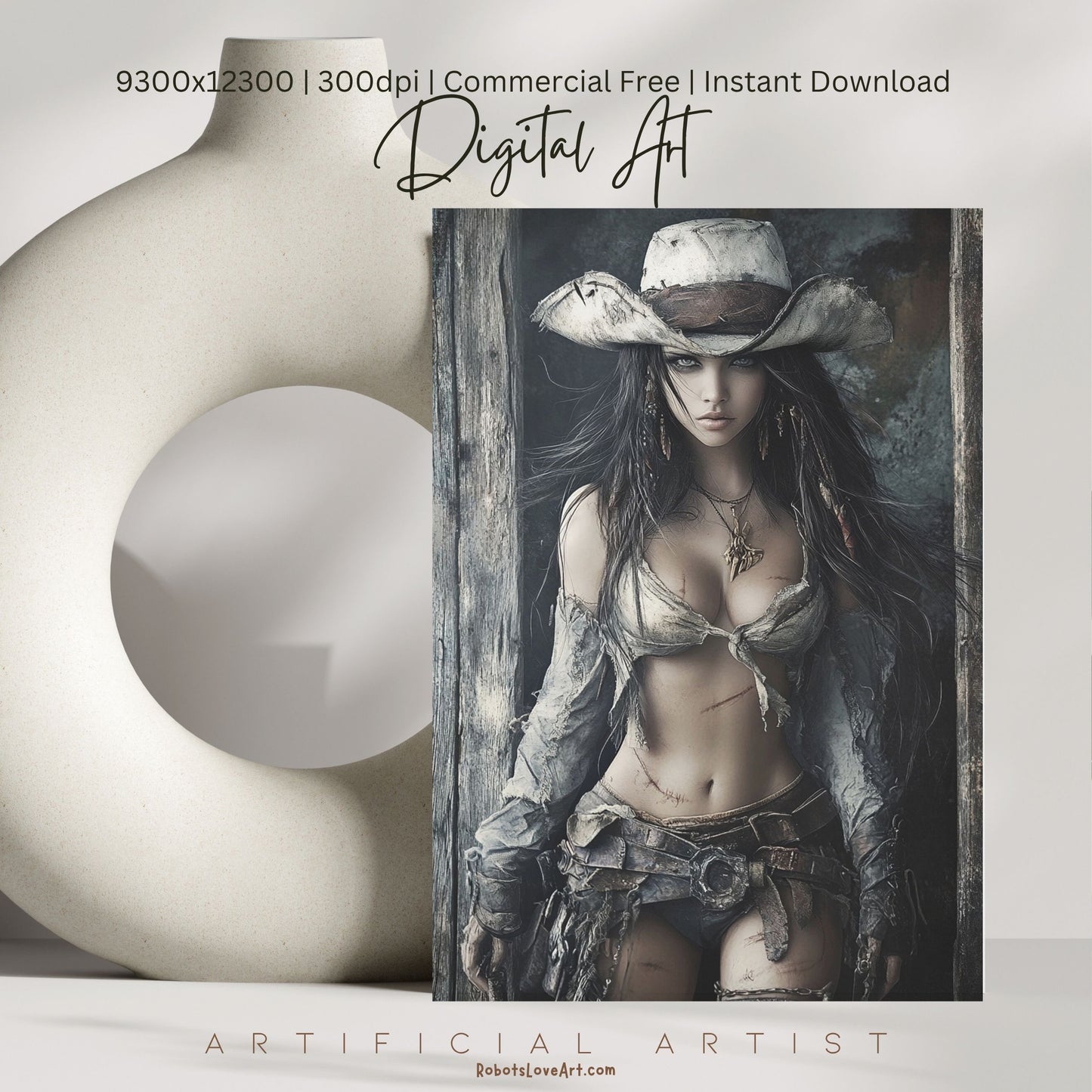 Ready to Draw Girl | Instant Download | Fantasy Digital AI Art | Hot Cowgirl