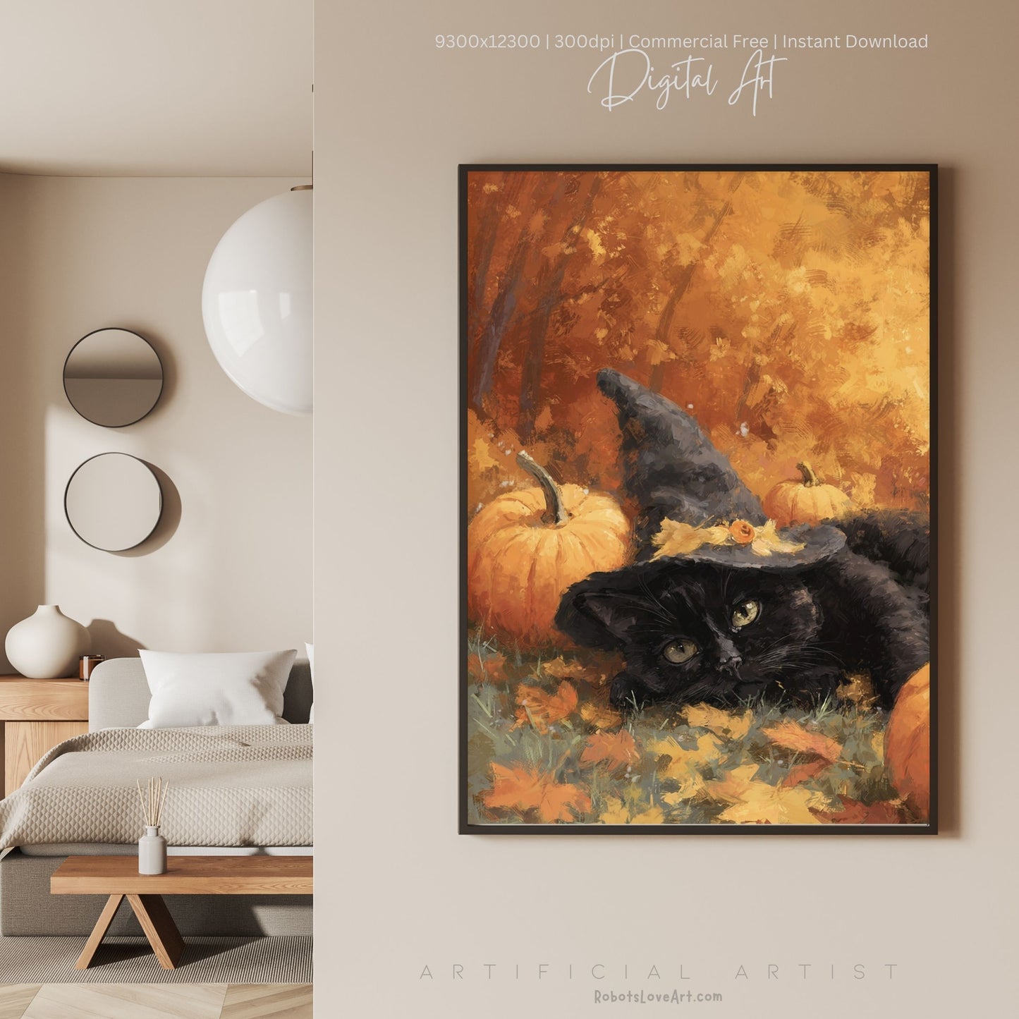 Black Halloween Witch’s Cat | Instant Download | Digital AI Art | Halloween Wall Art | Fall Decor