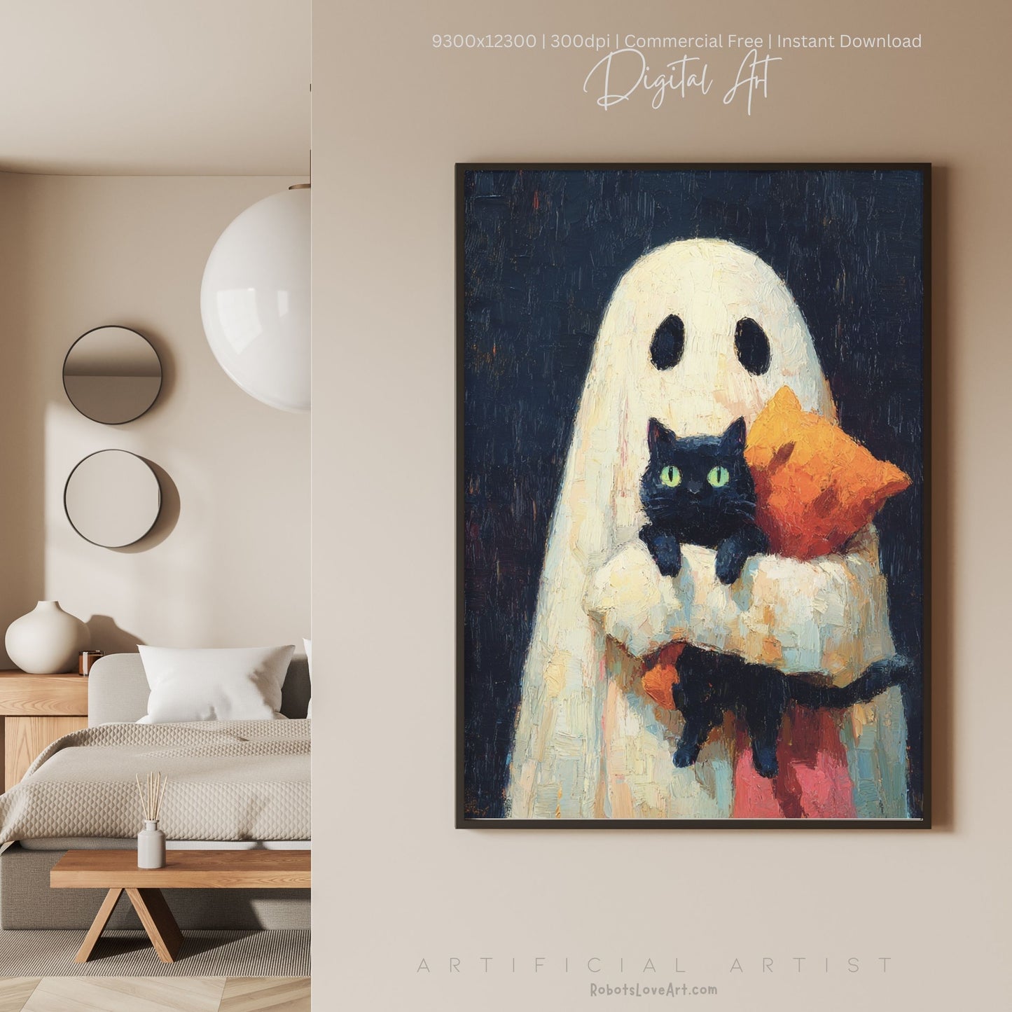 Ghost Cat | Instant Download | Digital AI Art | Halloween Wall Art | Cute Halloween
