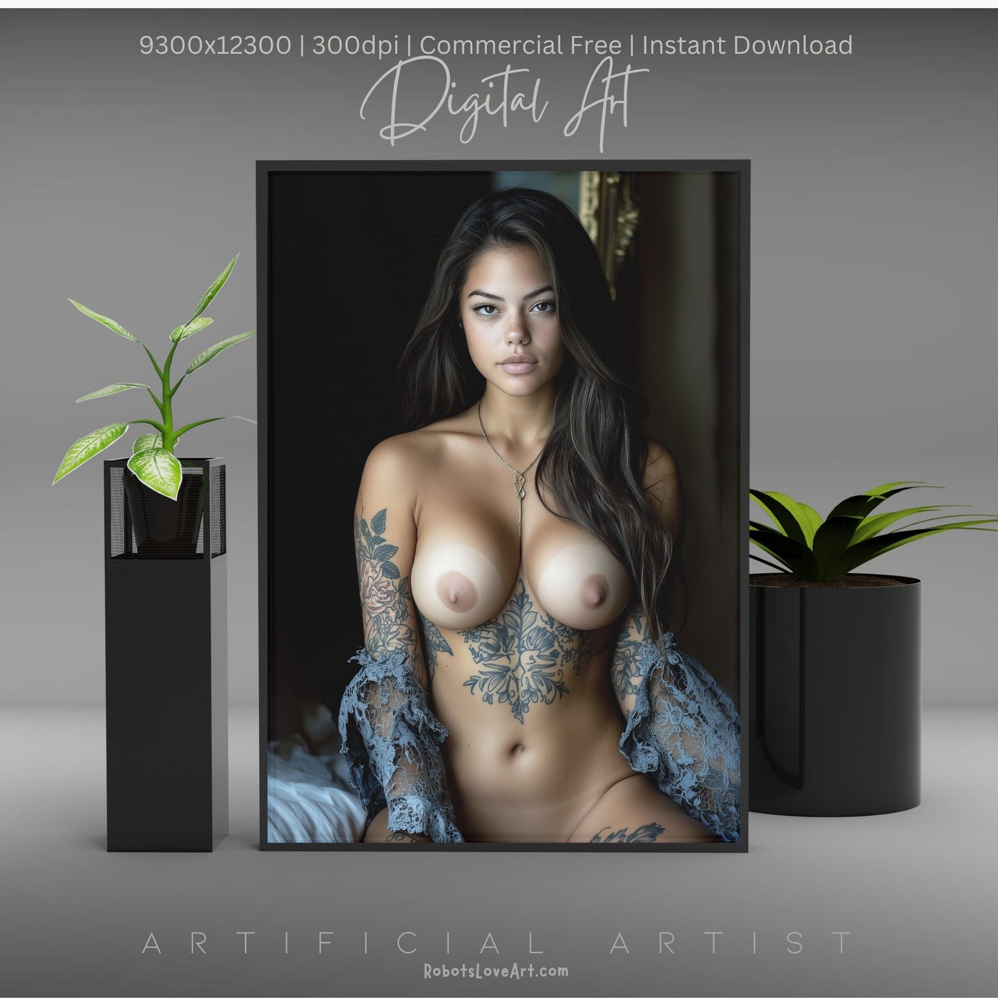 Topless Blue Lace in Bed | Instant Download | Fantasy Digital AI Art | Big Boobs Beautiful