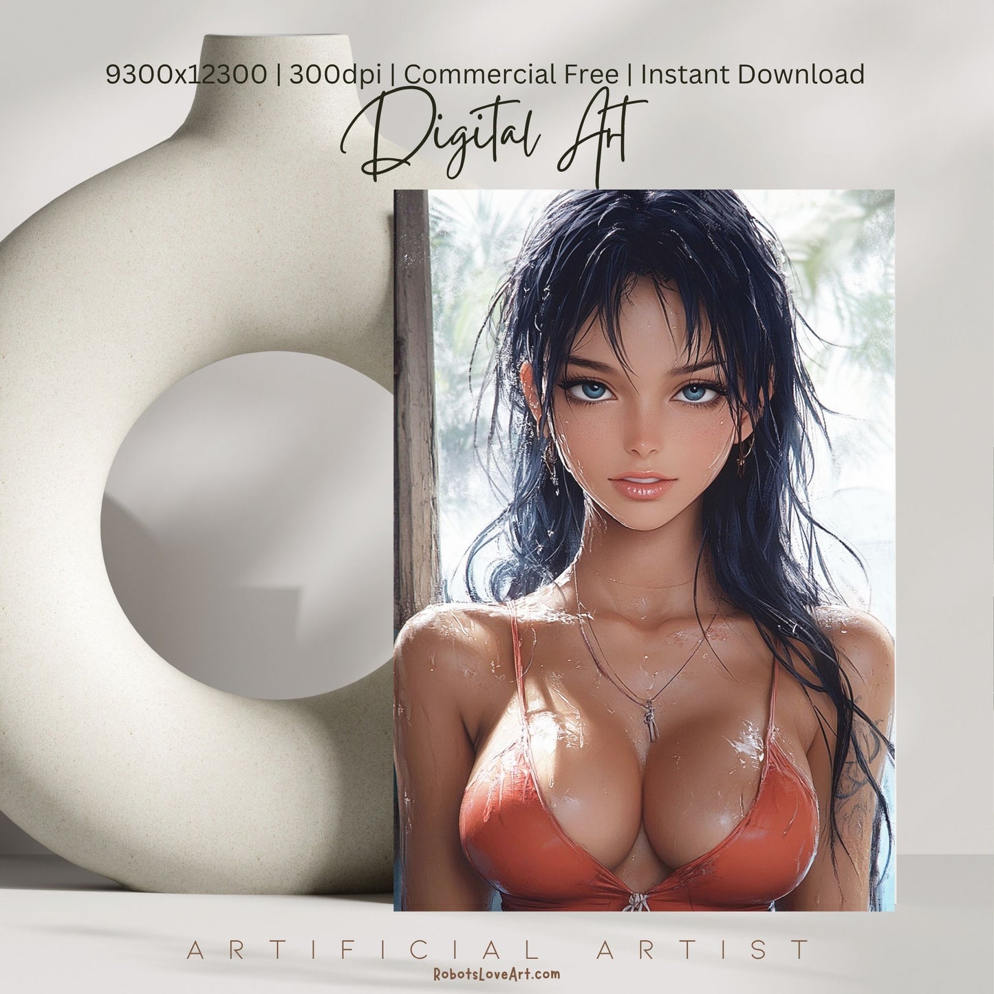 Anime Busty Beauty Blue Eyes in Orange Bikini | Instant Download | Fantasy Digital AI Art